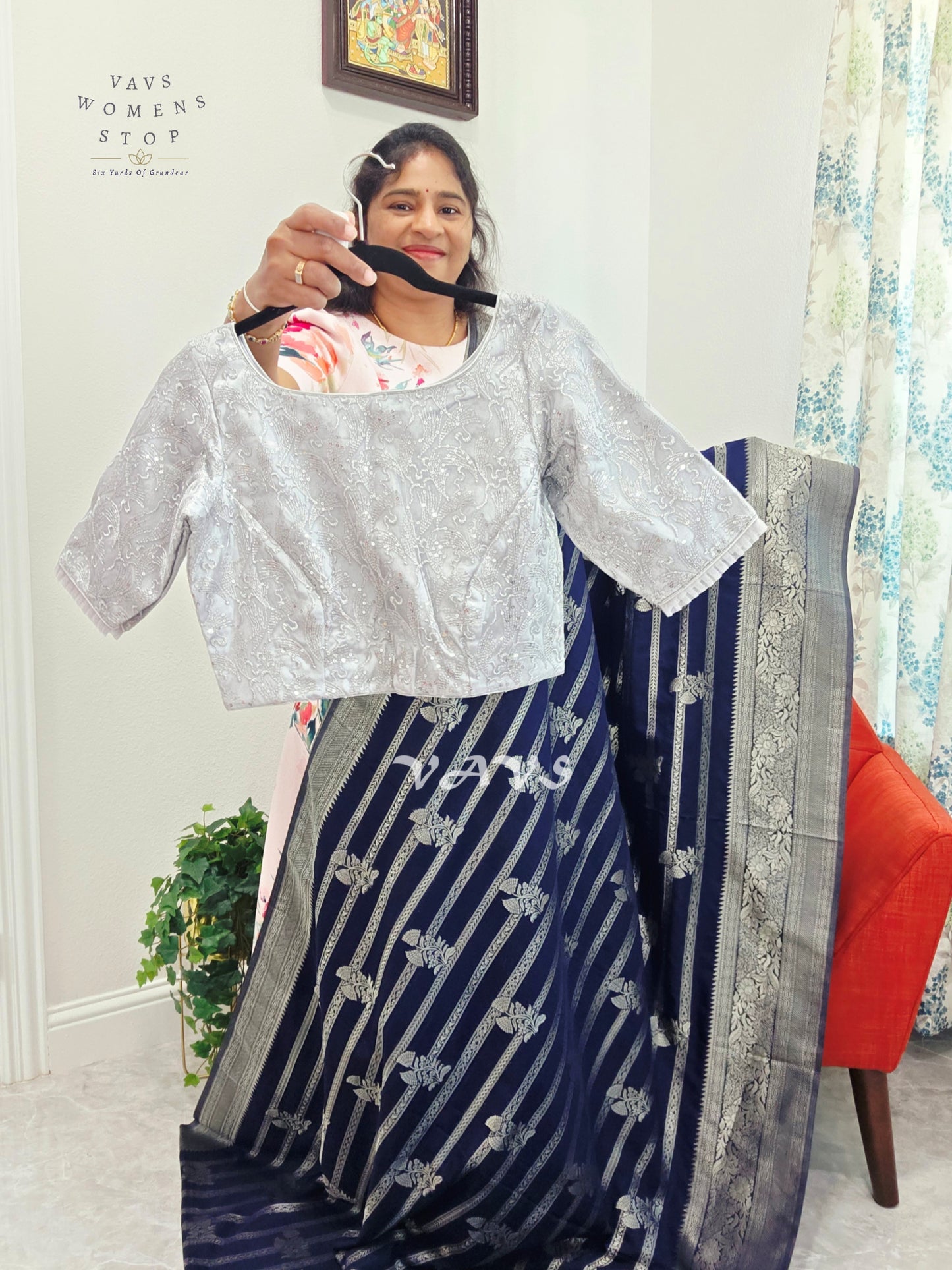 Semi Crepe Benarasi Silk Saree - Silver Net Designer Blouse