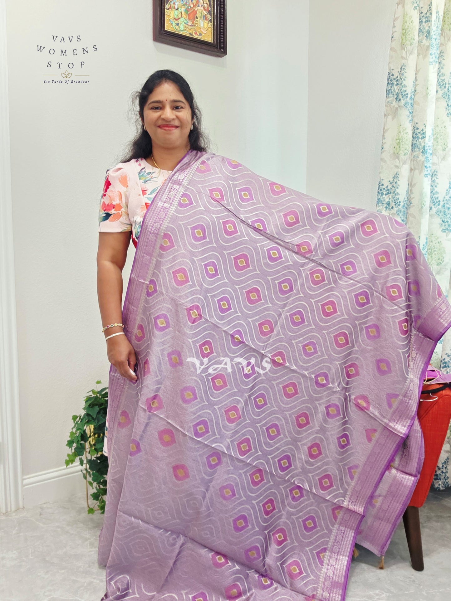 Lavender Lilac Pure Chiniya Silk Saree with Stitched Blouse Size 38 - 43 | Ready to Ship