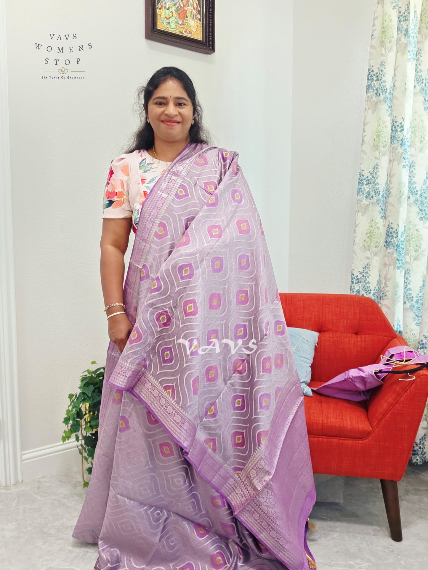 Lavender Lilac Pure Chiniya Silk Saree with Stitched Blouse Size 38 - 43 | Ready to Ship