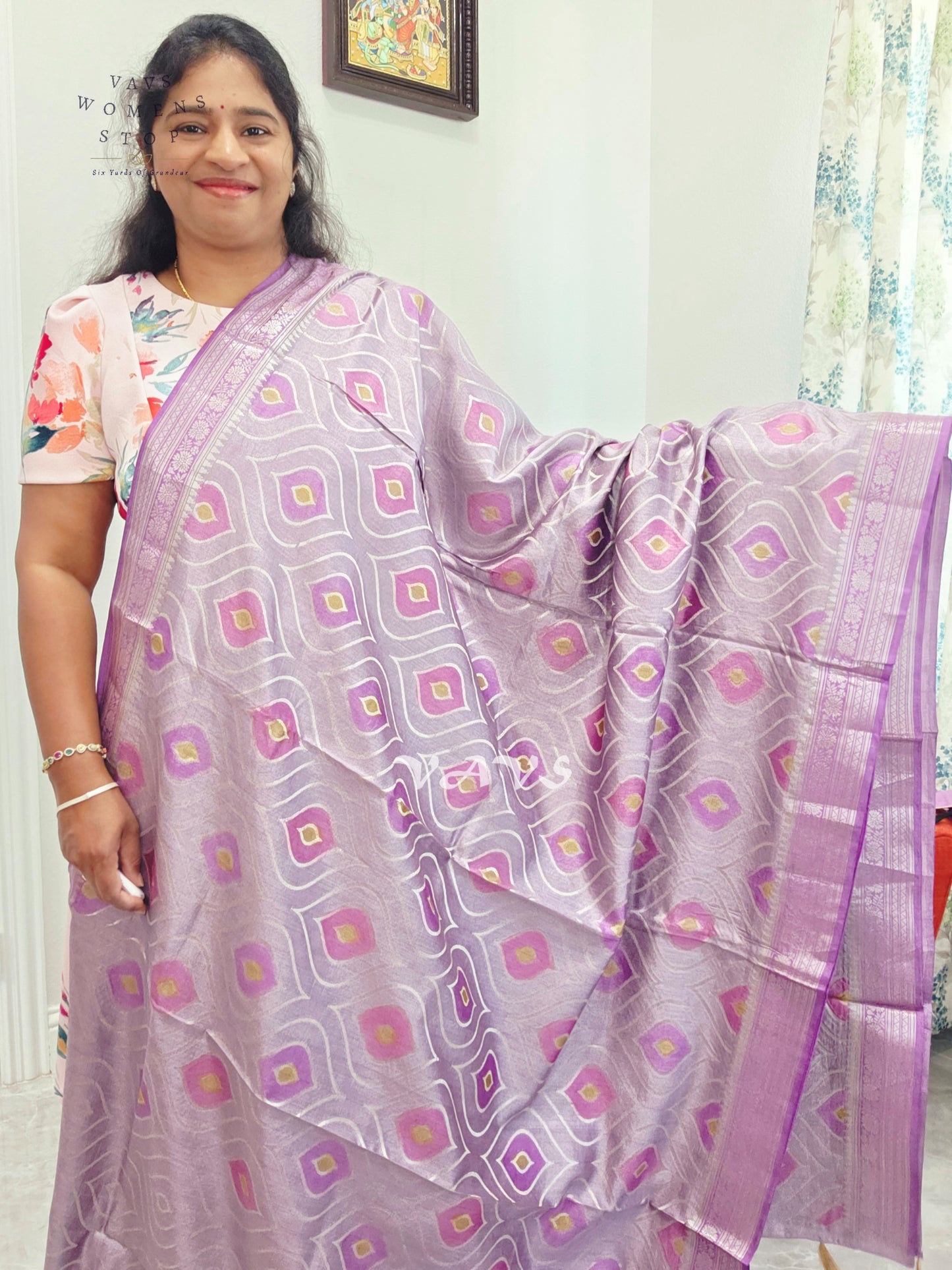 Lavender Lilac Pure Chiniya Silk Saree with Stitched Blouse Size 38 - 43 | Ready to Ship