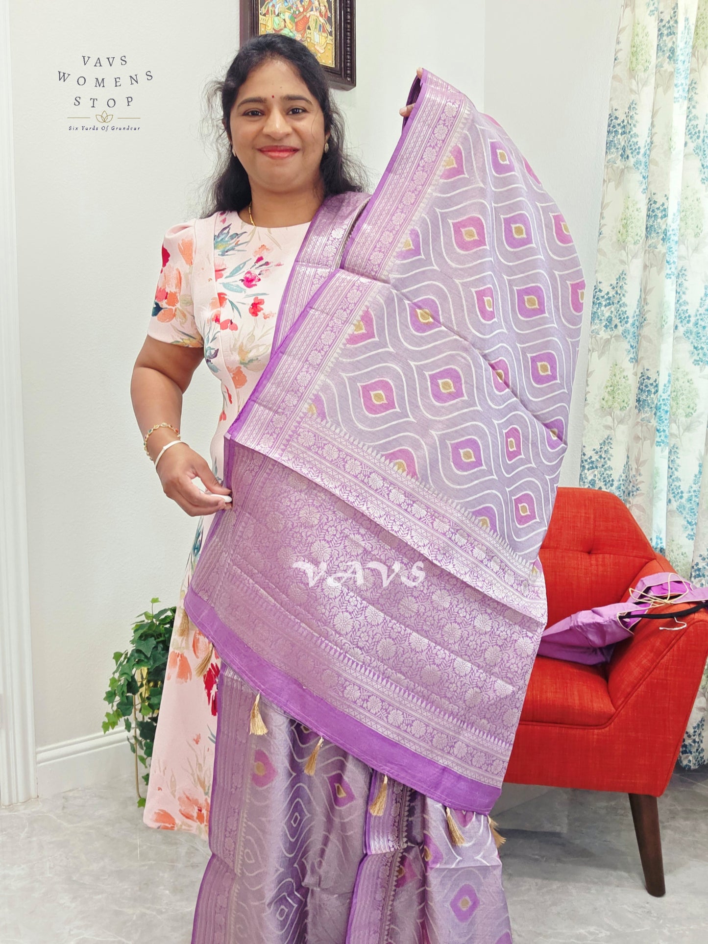 Lavender Lilac Pure Chiniya Silk Saree with Stitched Blouse Size 38 - 43 | Ready to Ship