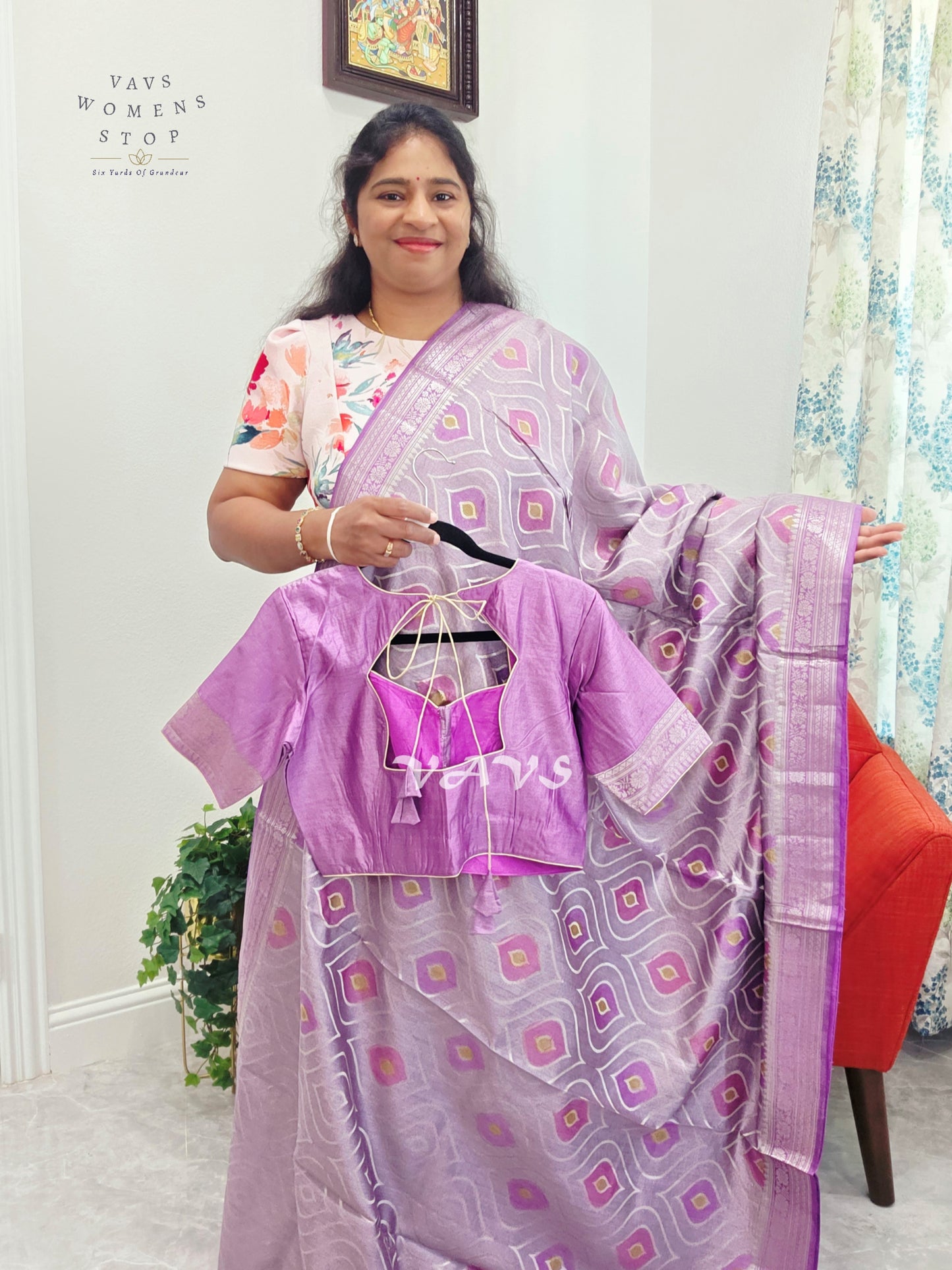 Lavender Lilac Pure Chiniya Silk Saree with Stitched Blouse Size 38 - 43 | Ready to Ship
