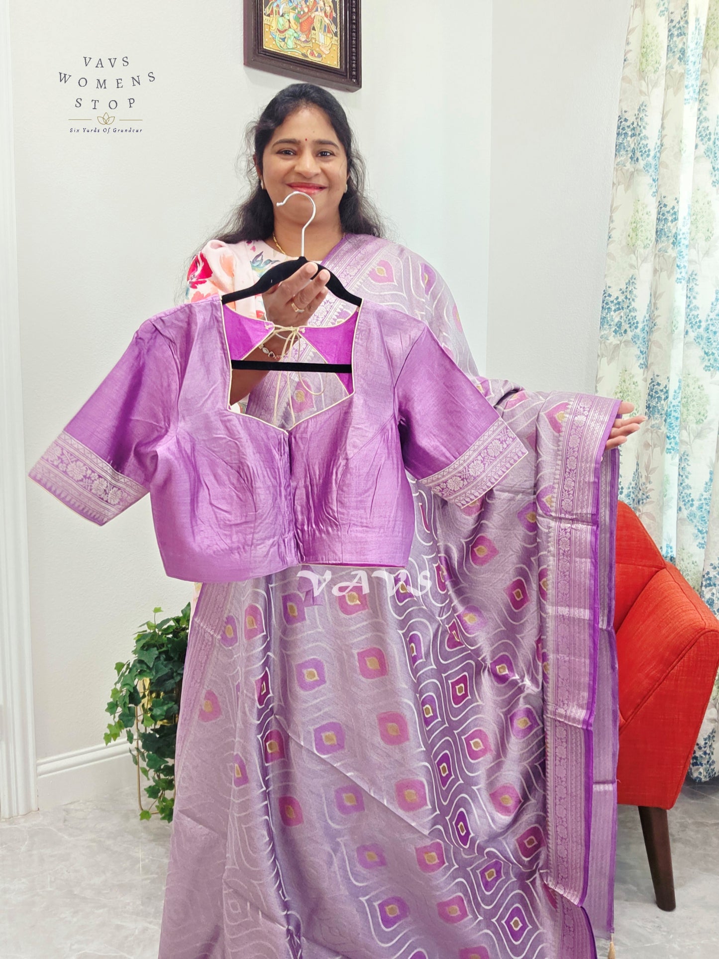 Lavender Lilac Pure Chiniya Silk Saree with Stitched Blouse Size 38 - 43 | Ready to Ship