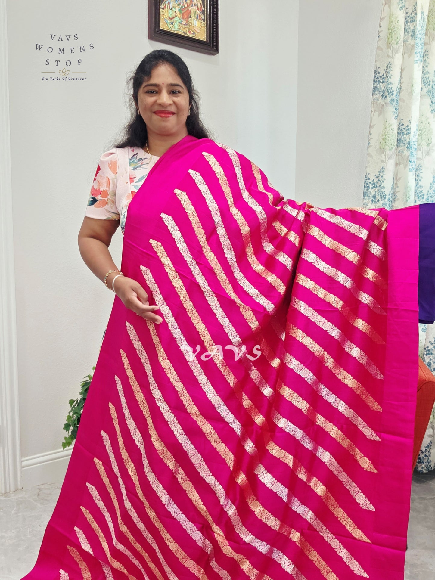 Rani Pink & Antique Gold Leheriya Pattern Pure Mango Benarasi Silk Saree with Unstitched Blouse Piece