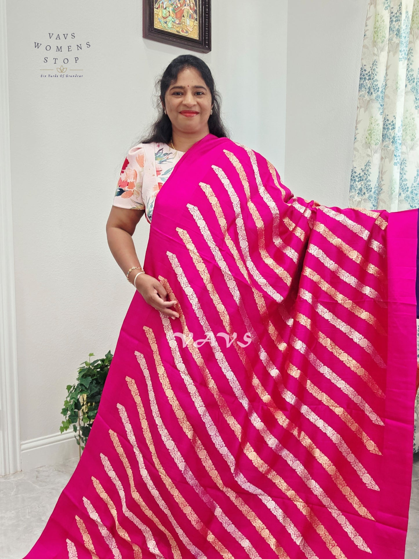 Rani Pink & Antique Gold Leheriya Pattern Pure Mango Benarasi Silk Saree with Unstitched Blouse Piece