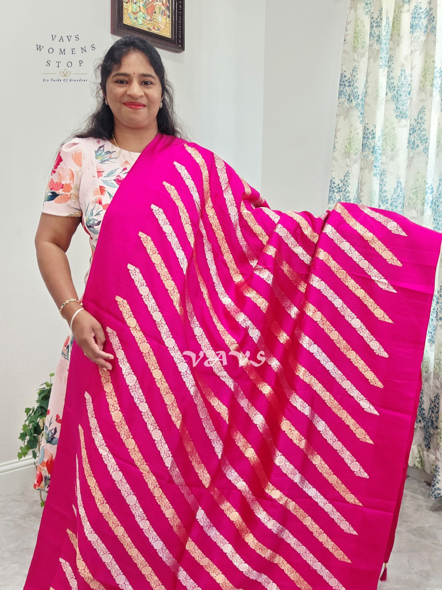 Rani Pink & Antique Gold Leheriya Pattern Pure Mango Benarasi Silk Saree with Unstitched Blouse Piece