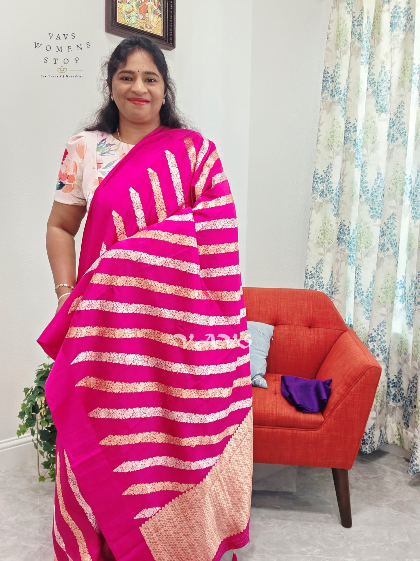 Rani Pink & Antique Gold Leheriya Pattern Pure Mango Benarasi Silk Saree with Unstitched Blouse Piece