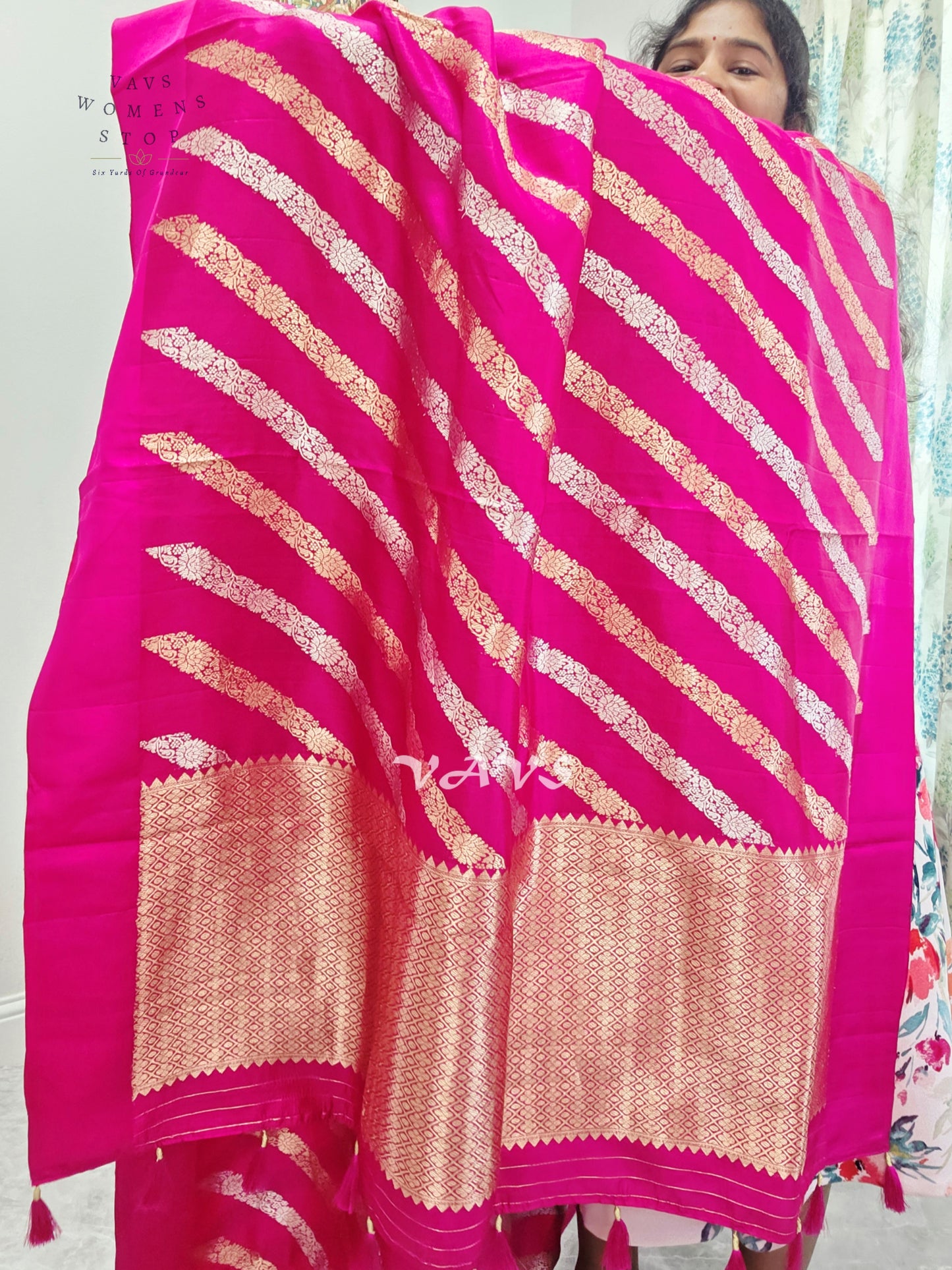 Rani Pink & Antique Gold Leheriya Pattern Pure Mango Benarasi Silk Saree with Unstitched Blouse Piece