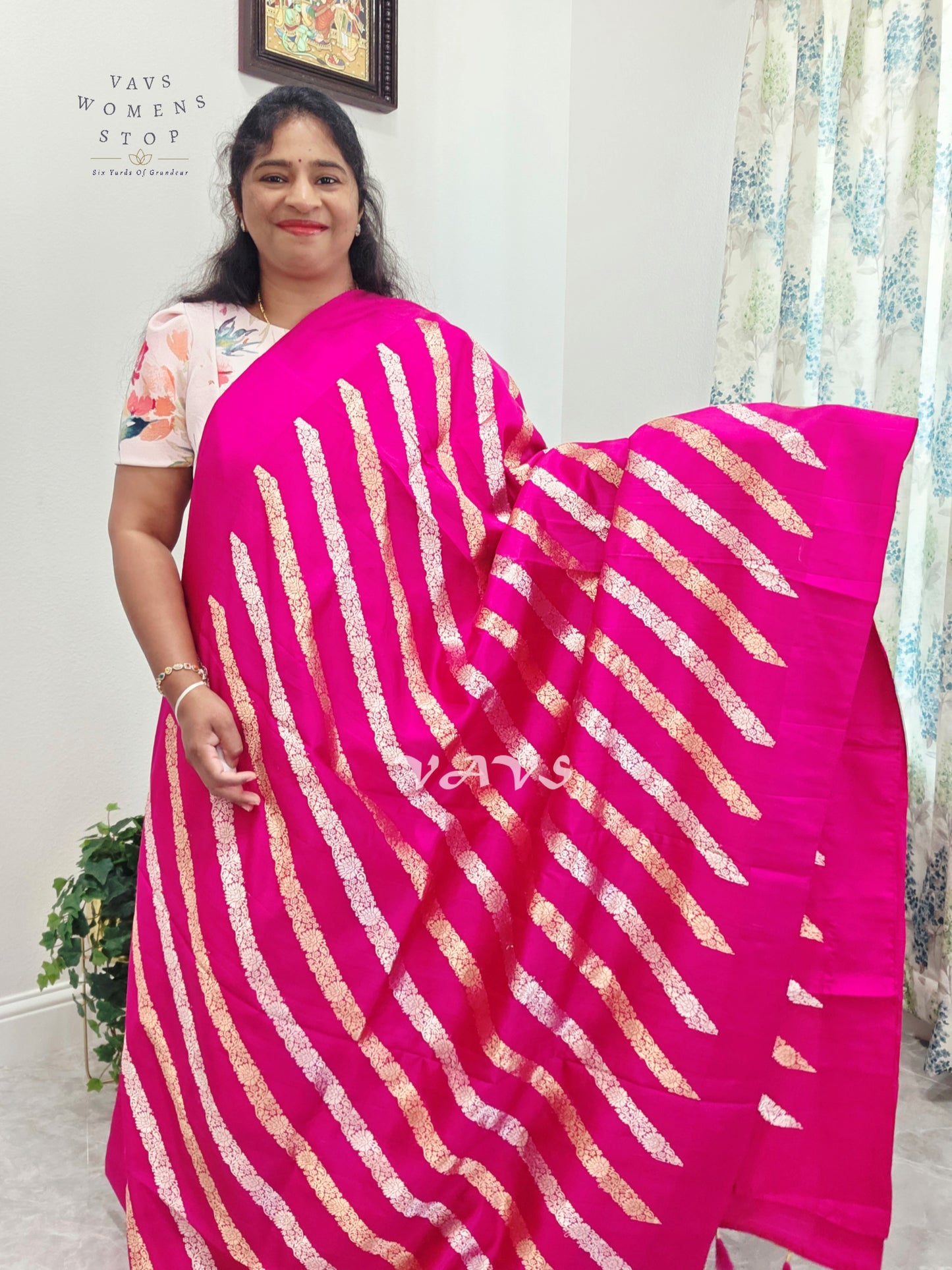 Rani Pink & Antique Gold Leheriya Pattern Pure Mango Benarasi Silk Saree with Unstitched Blouse Piece
