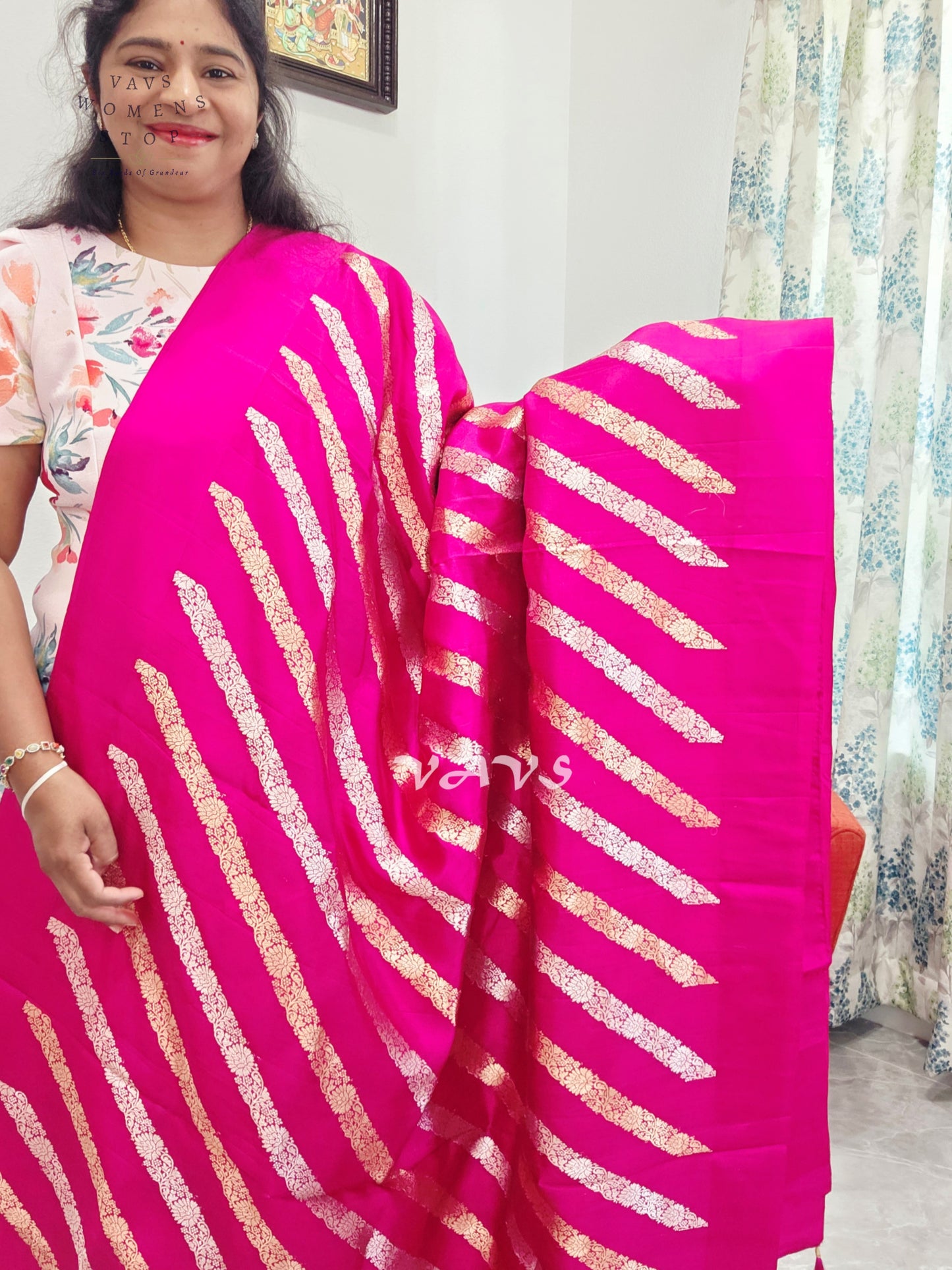 Rani Pink & Antique Gold Leheriya Pattern Pure Mango Benarasi Silk Saree with Unstitched Blouse Piece