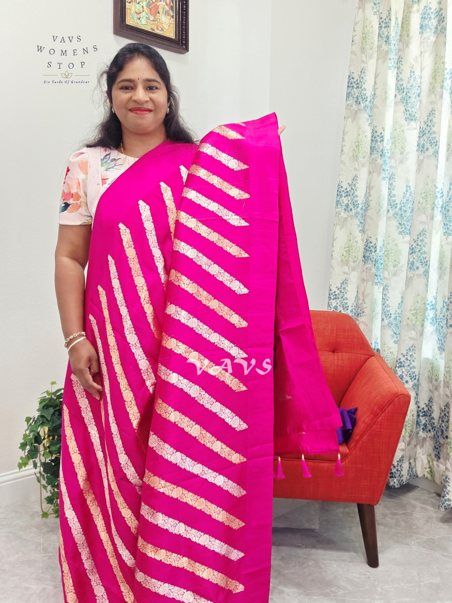 Rani Pink & Antique Gold Leheriya Pattern Pure Mango Benarasi Silk Saree with Unstitched Blouse Piece