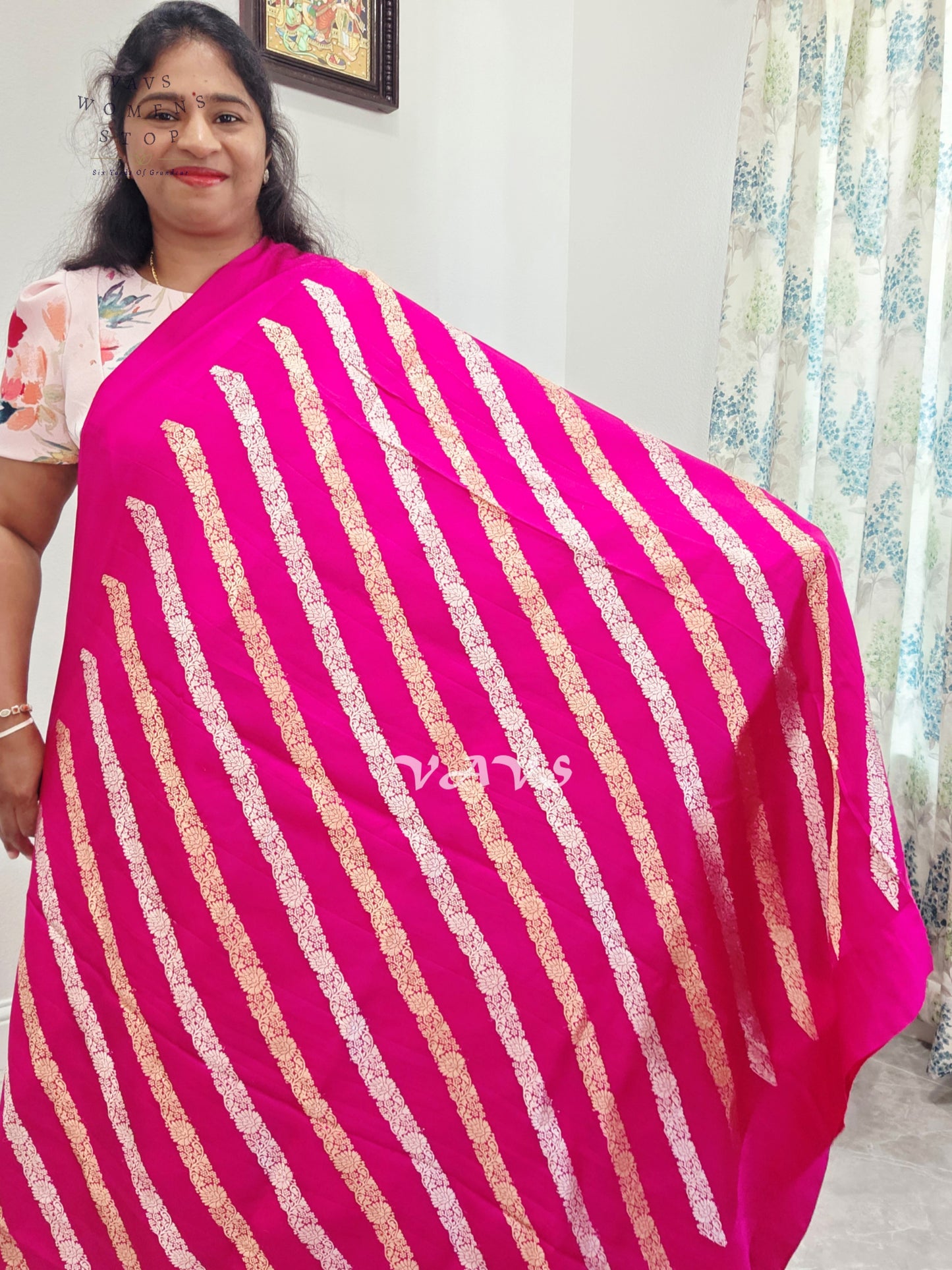 Rani Pink & Antique Gold Leheriya Pattern Pure Mango Benarasi Silk Saree with Unstitched Blouse Piece