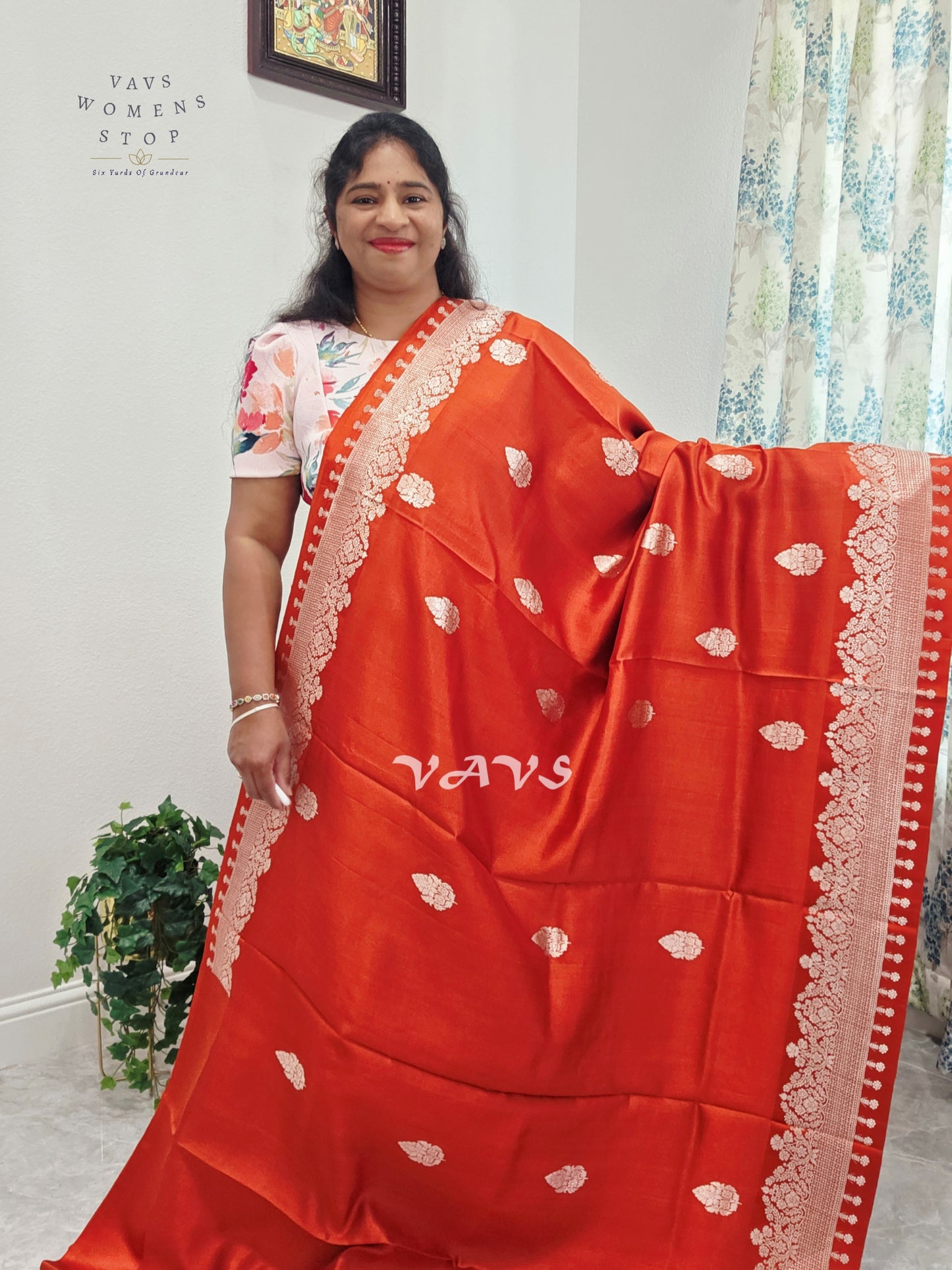 Rust Orange Pure Mango Benarasi Silk Saree with Marigold Yellow Stitched Blouse