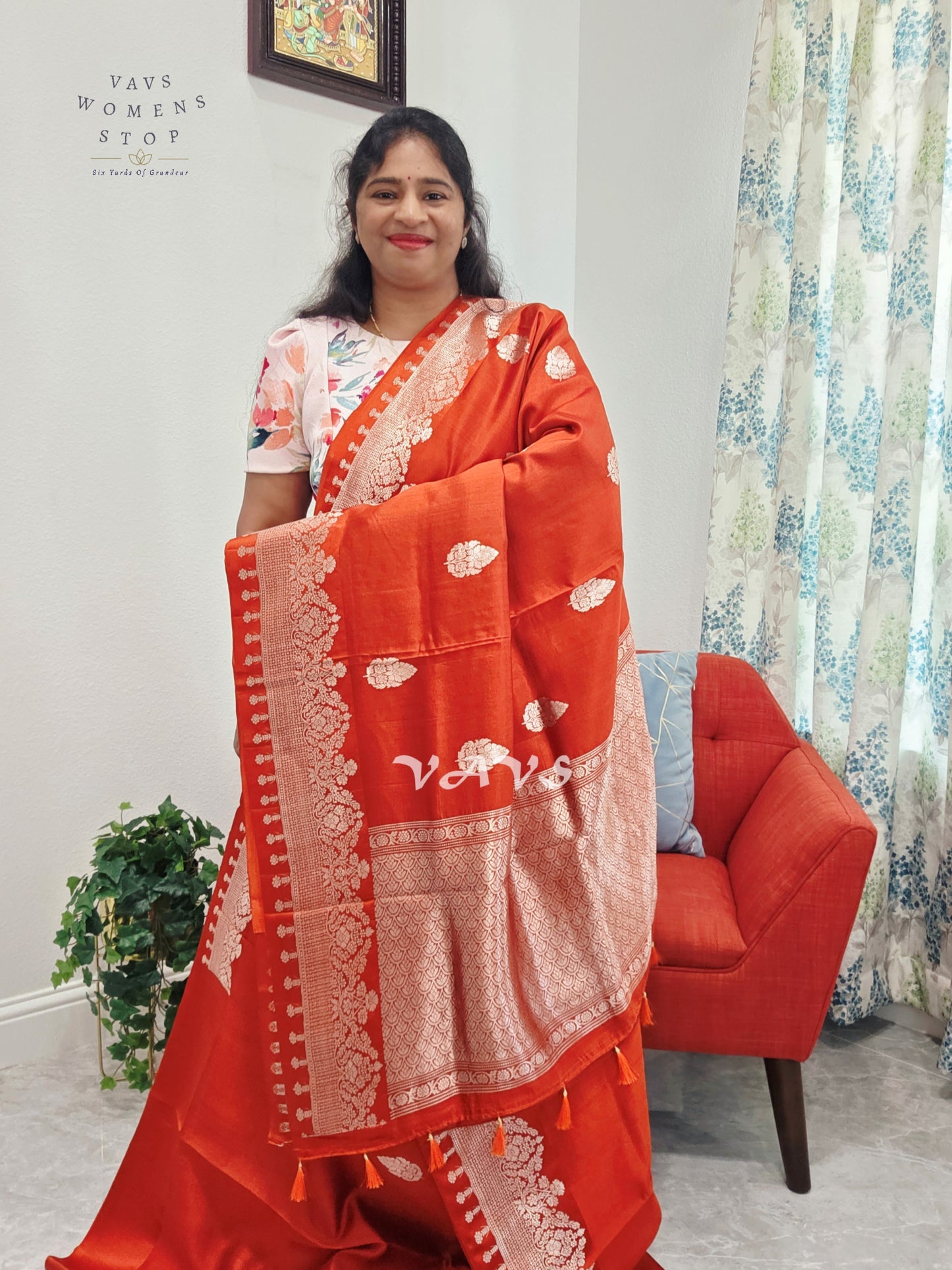 Rust Orange Pure Mango Benarasi Silk Saree with Marigold Yellow Stitched Blouse