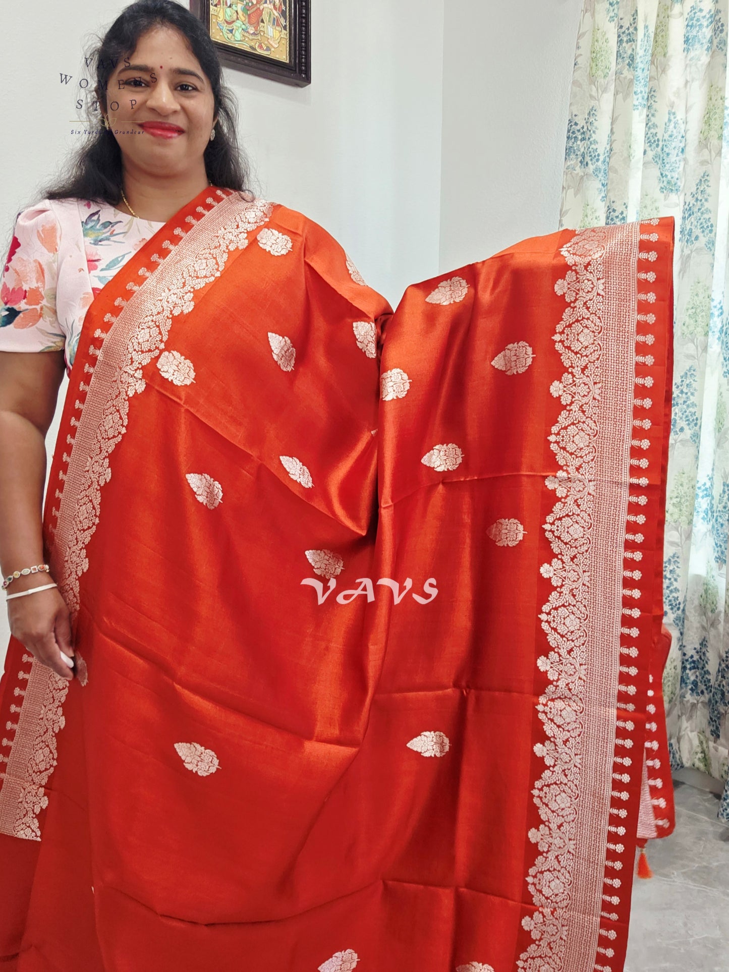 Rust Orange Pure Mango Benarasi Silk Saree with Marigold Yellow Stitched Blouse