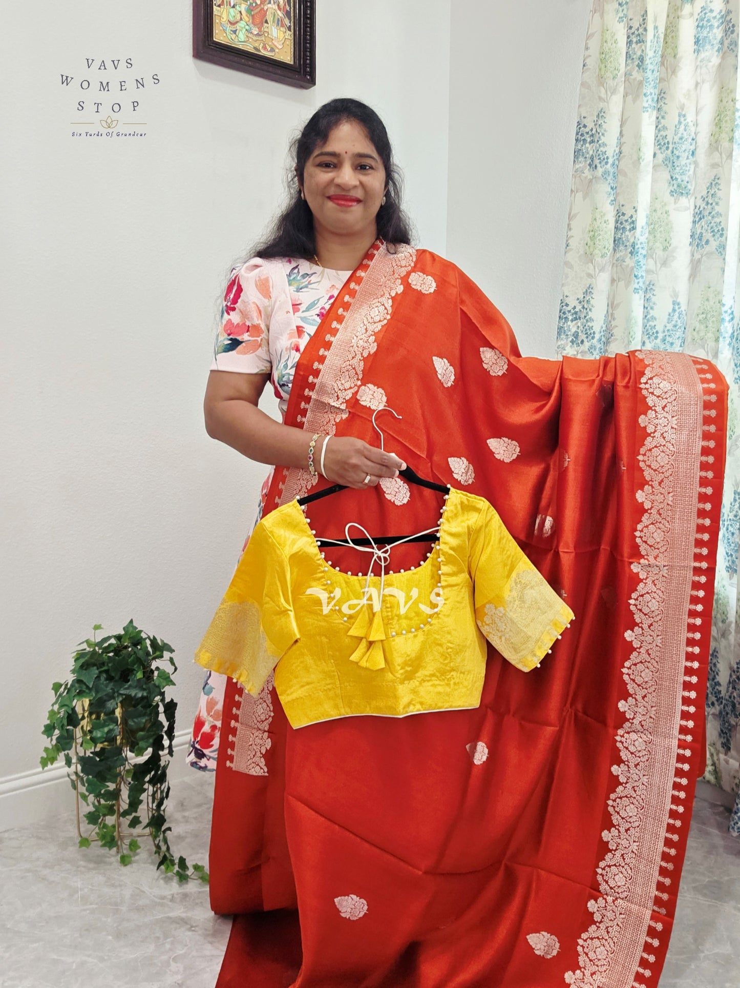 Rust Orange Pure Mango Benarasi Silk Saree with Marigold Yellow Stitched Blouse