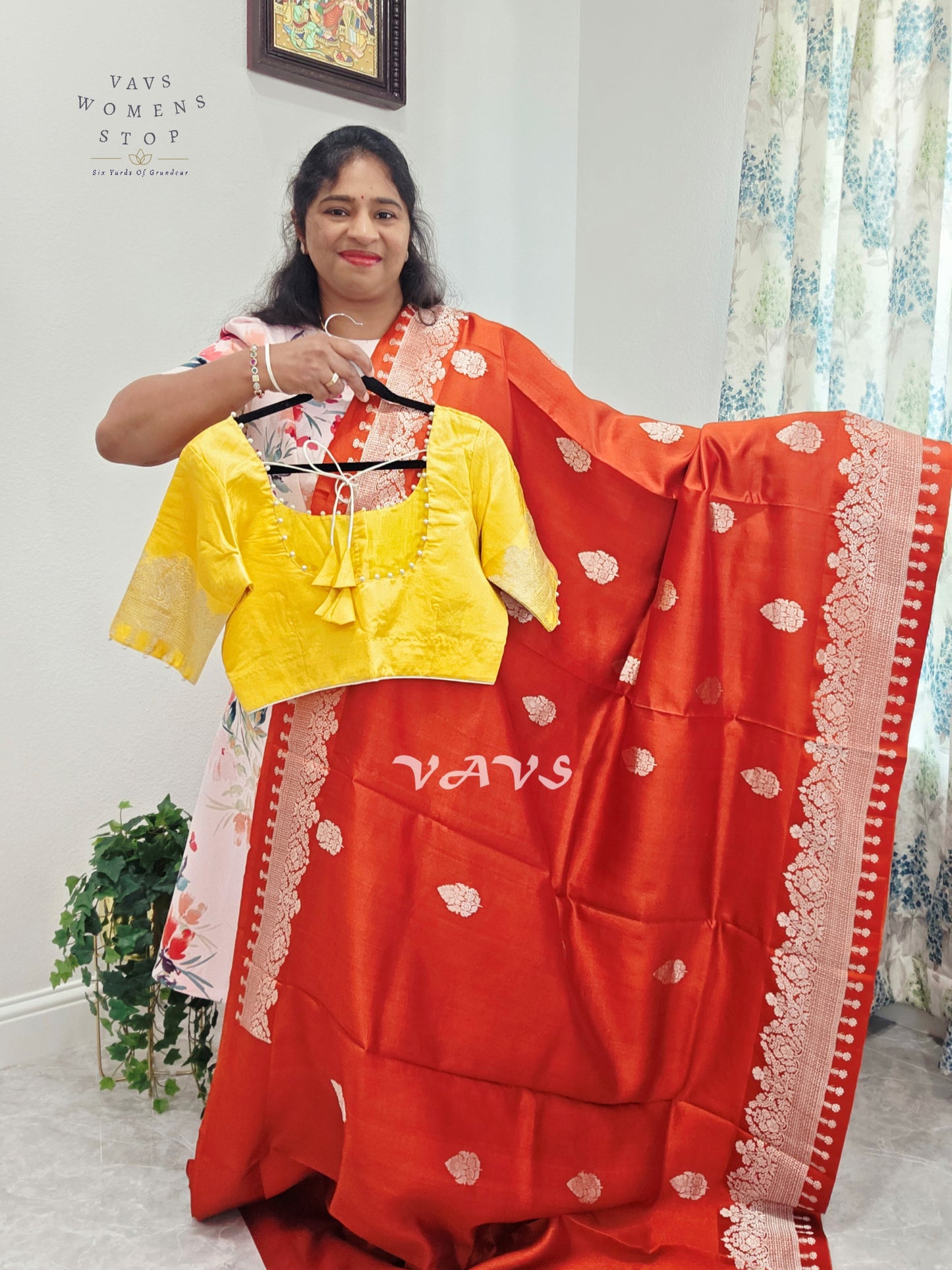 Rust Orange Pure Mango Benarasi Silk Saree with Marigold Yellow Stitched Blouse
