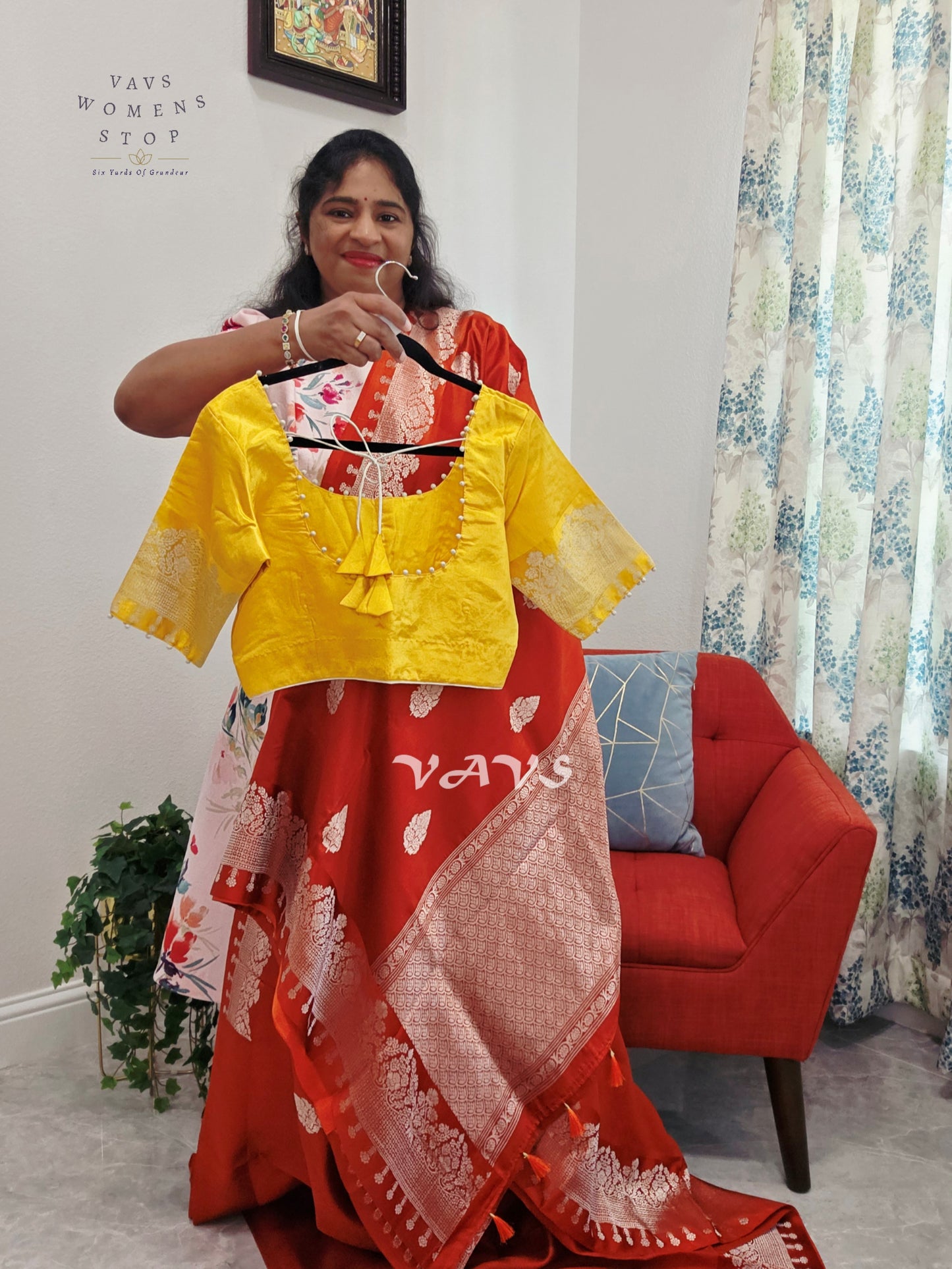Rust Orange Pure Mango Benarasi Silk Saree with Marigold Yellow Stitched Blouse