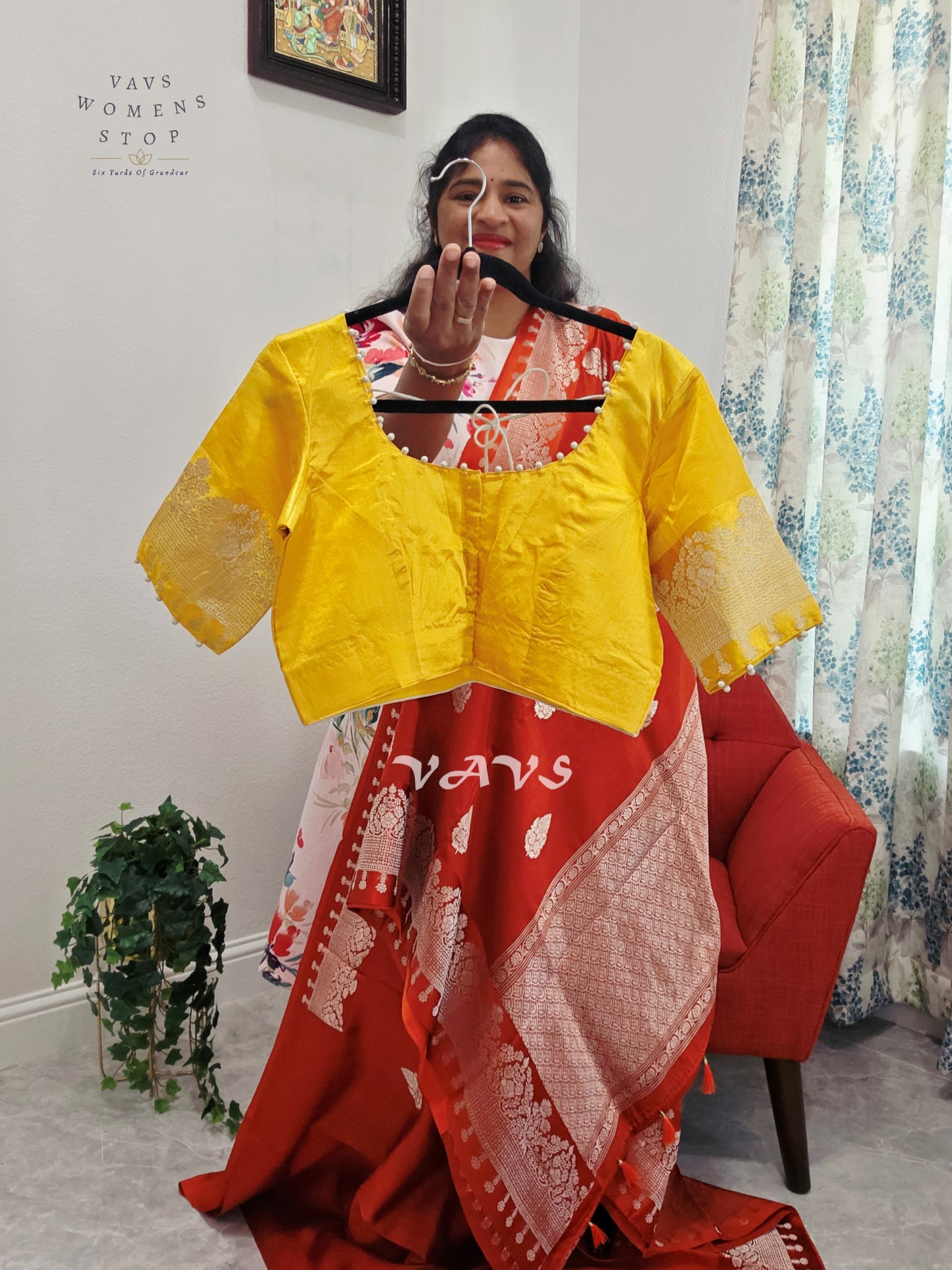 Rust Orange Pure Mango Benarasi Silk Saree with Marigold Yellow Stitched Blouse