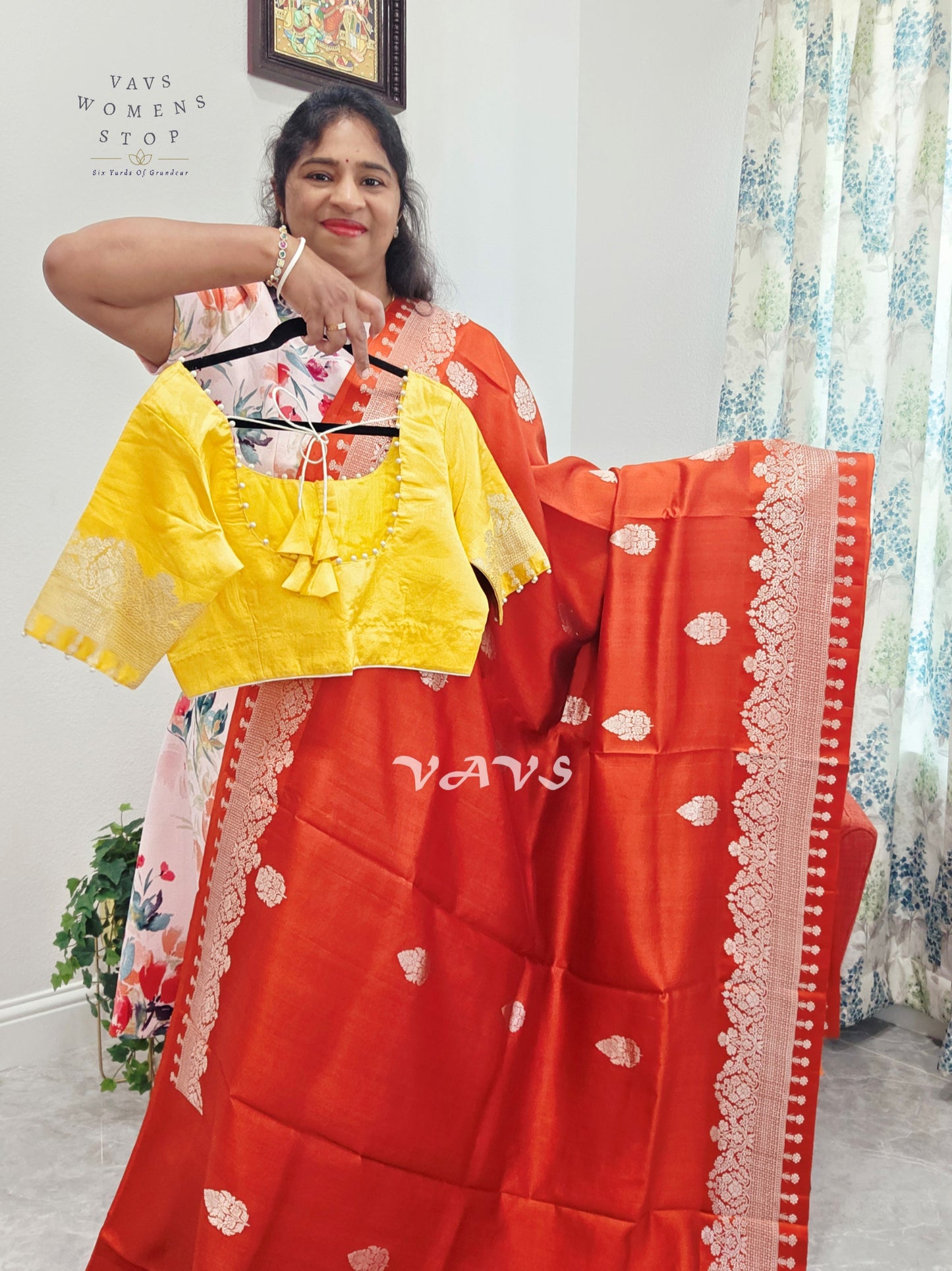 Rust Orange Pure Mango Benarasi Silk Saree with Marigold Yellow Stitched Blouse