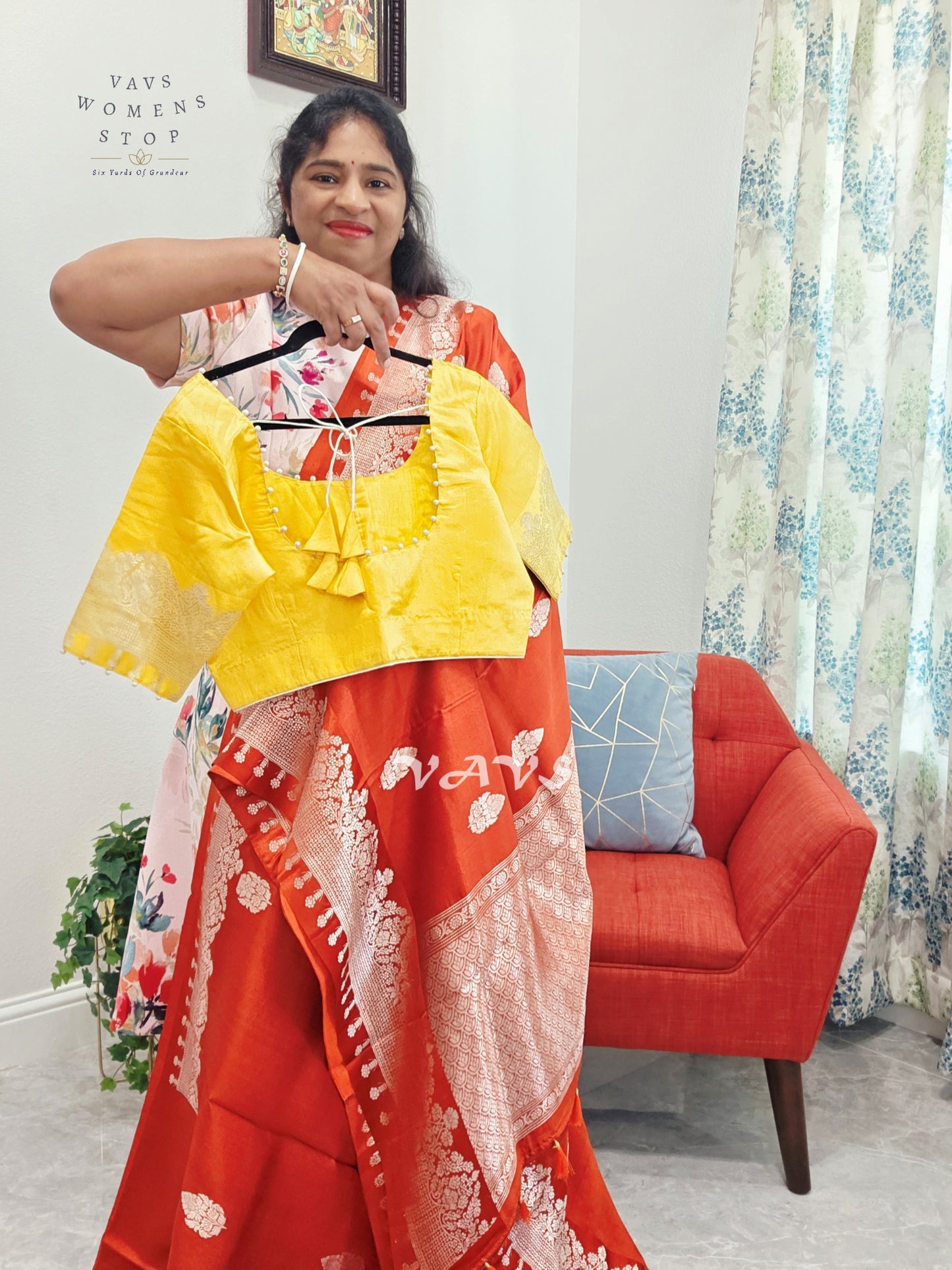 Rust Orange Pure Mango Benarasi Silk Saree with Marigold Yellow Stitched Blouse