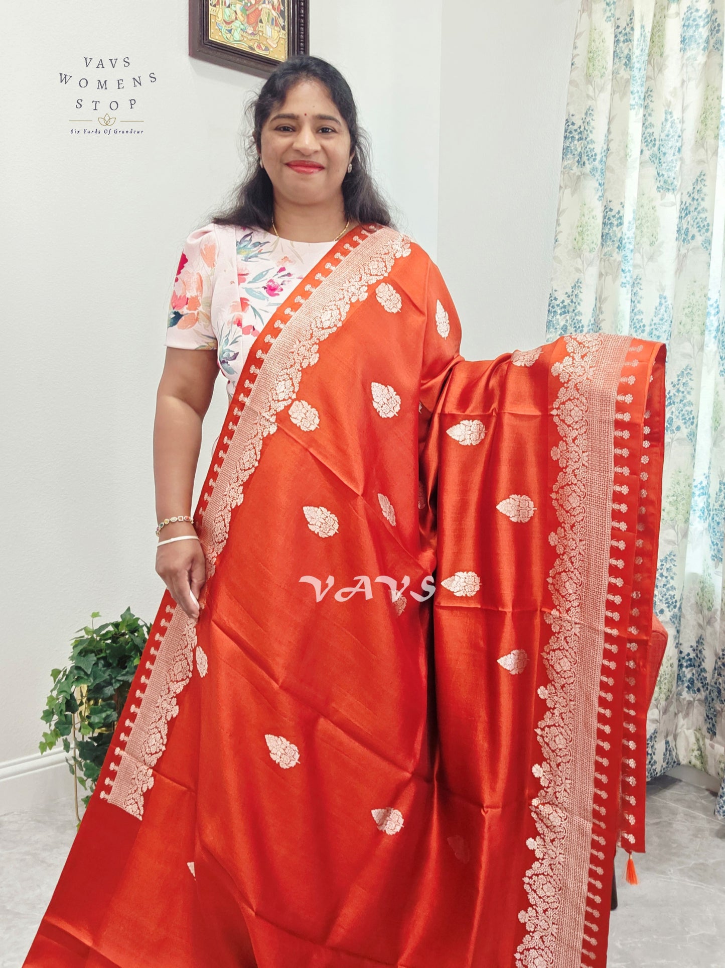 Rust Orange Pure Mango Benarasi Silk Saree with Marigold Yellow Stitched Blouse