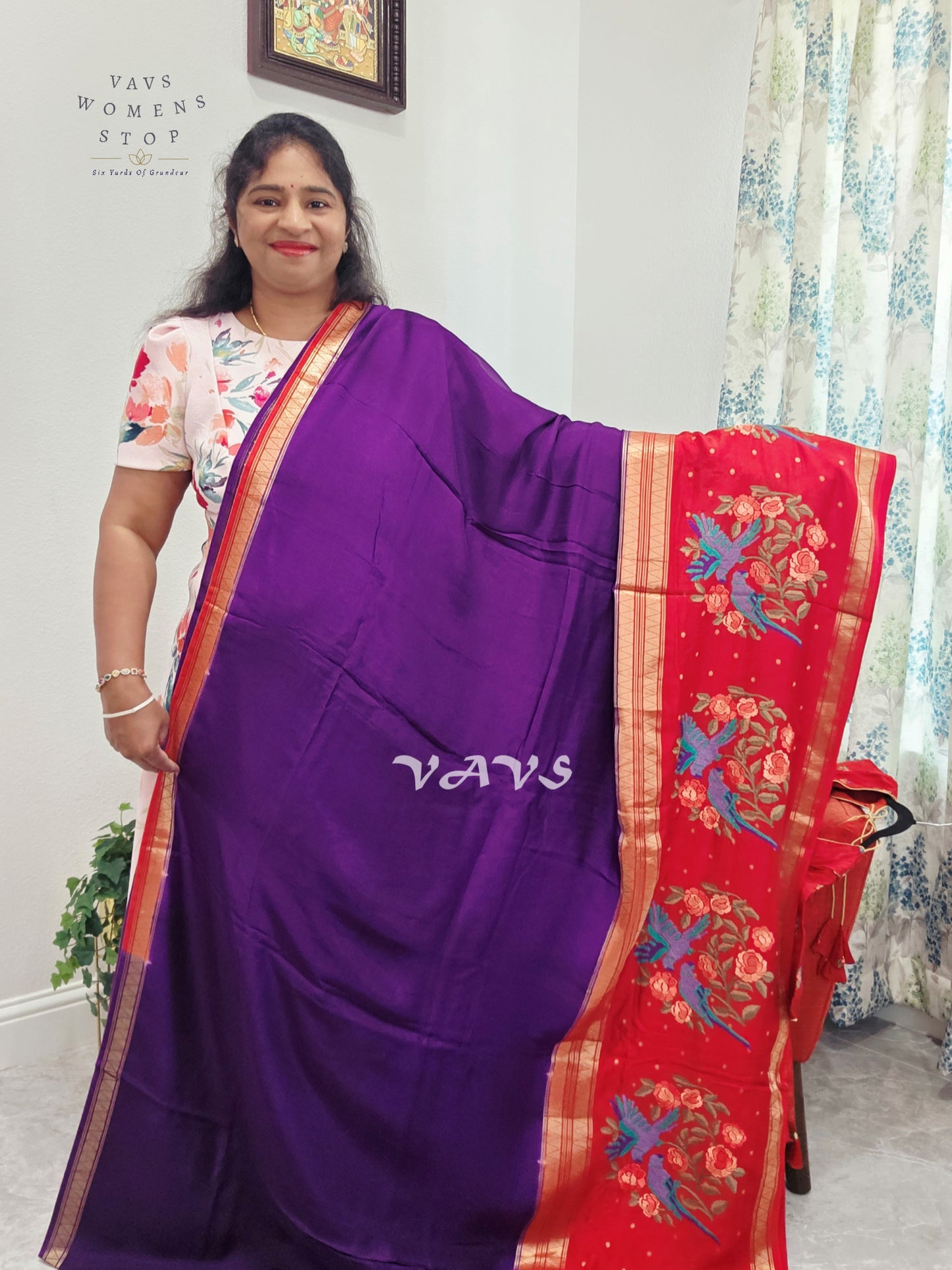 Royal Amethyst Semi Mysore Crepe Silk Saree with Ruby Red Parrot Embroidery Border & Blouse Size 34-40