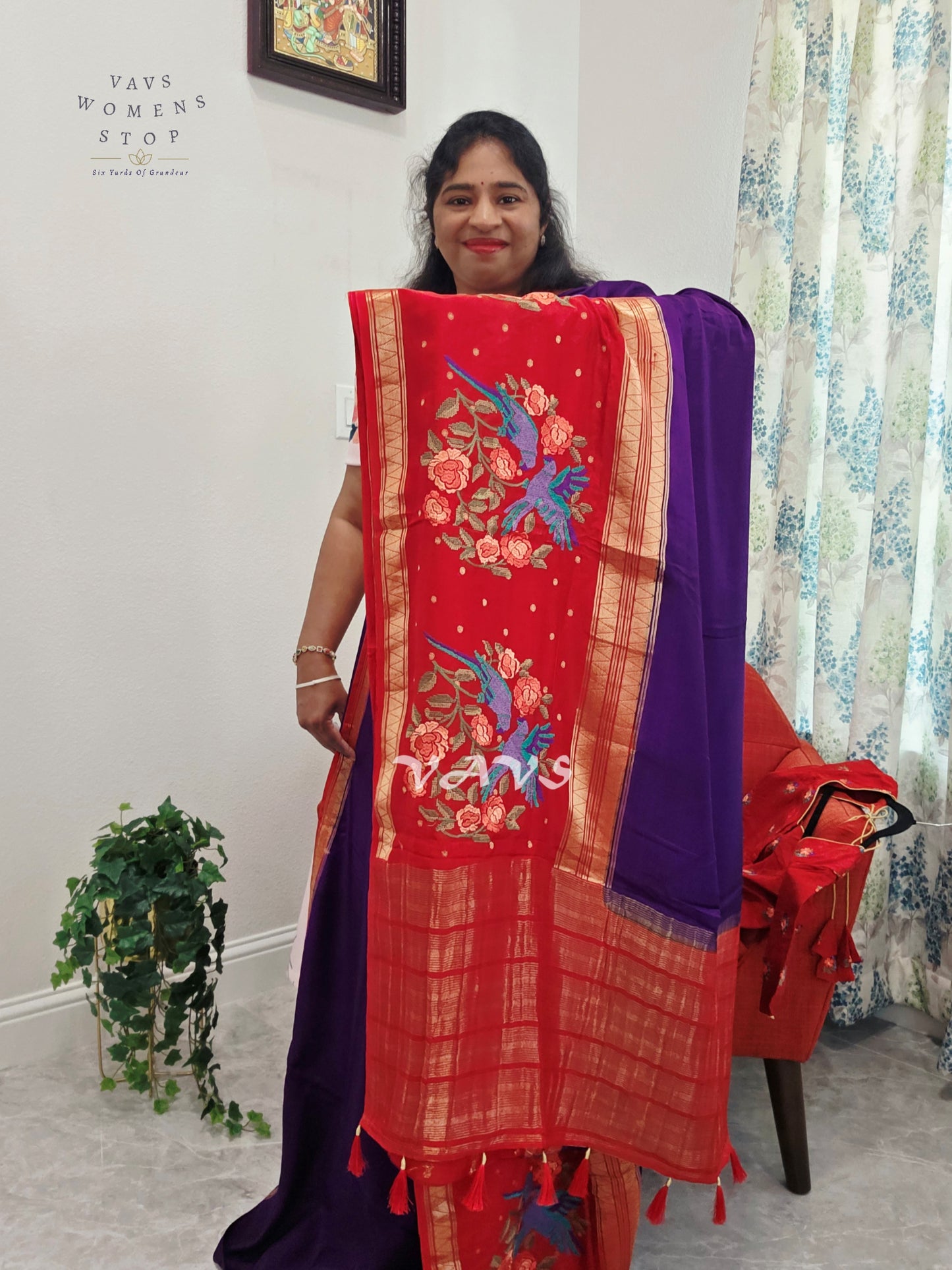 Royal Amethyst Semi Mysore Crepe Silk Saree with Ruby Red Parrot Embroidery Border & Blouse Size 34-40