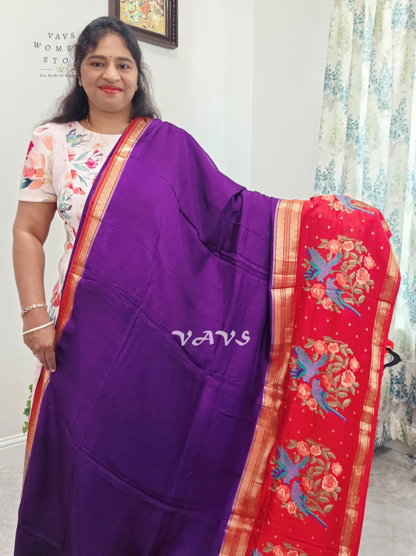 Royal Amethyst Semi Mysore Crepe Silk Saree with Ruby Red Parrot Embroidery Border & Blouse Size 34-40