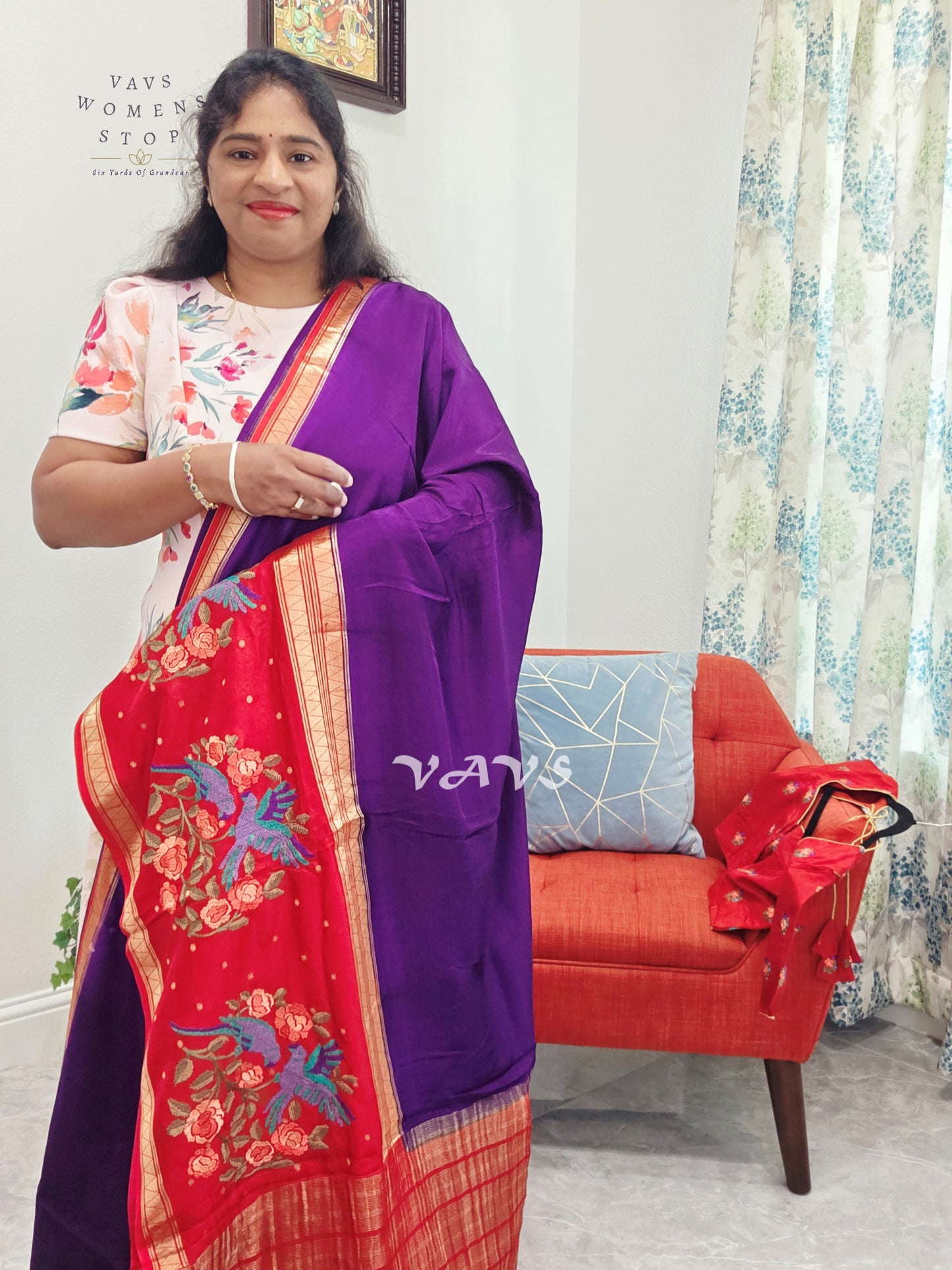Royal Amethyst Semi Mysore Crepe Silk Saree with Ruby Red Parrot Embroidery Border & Blouse Size 34-40