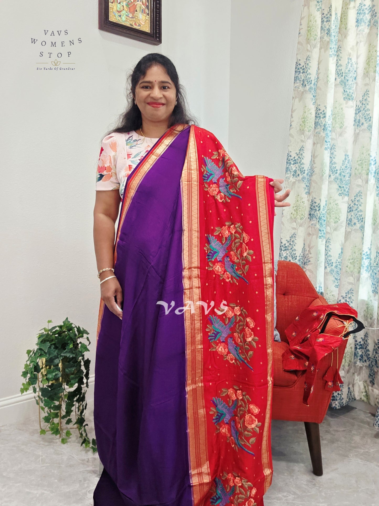 Royal Amethyst Semi Mysore Crepe Silk Saree with Ruby Red Parrot Embroidery Border & Blouse Size 34-40