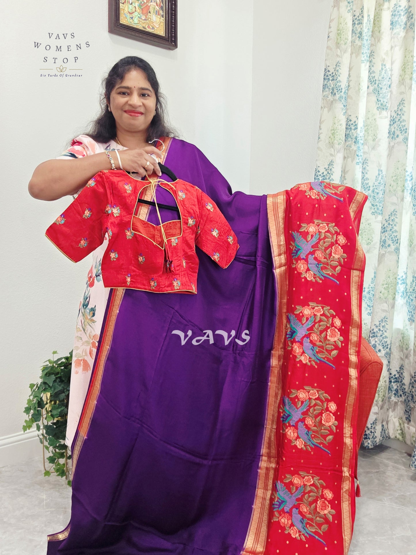 Royal Amethyst Semi Mysore Crepe Silk Saree with Ruby Red Parrot Embroidery Border & Blouse Size 34-40