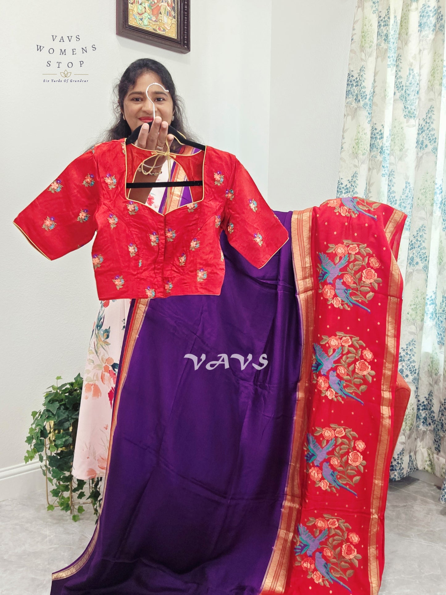 Royal Amethyst Semi Mysore Crepe Silk Saree with Ruby Red Parrot Embroidery Border & Blouse Size 34-40