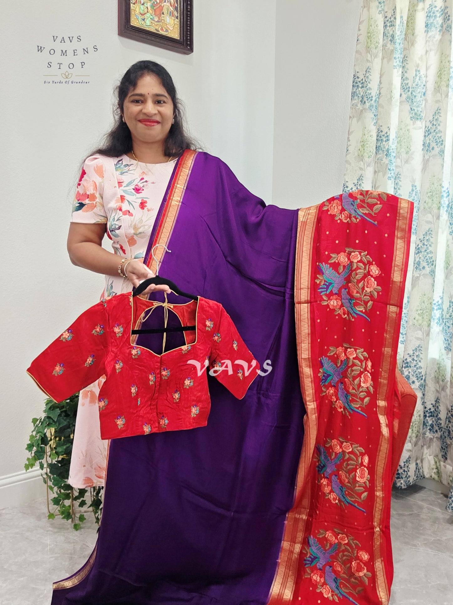 Royal Amethyst Semi Mysore Crepe Silk Saree with Ruby Red Parrot Embroidery Border & Blouse Size 34-40