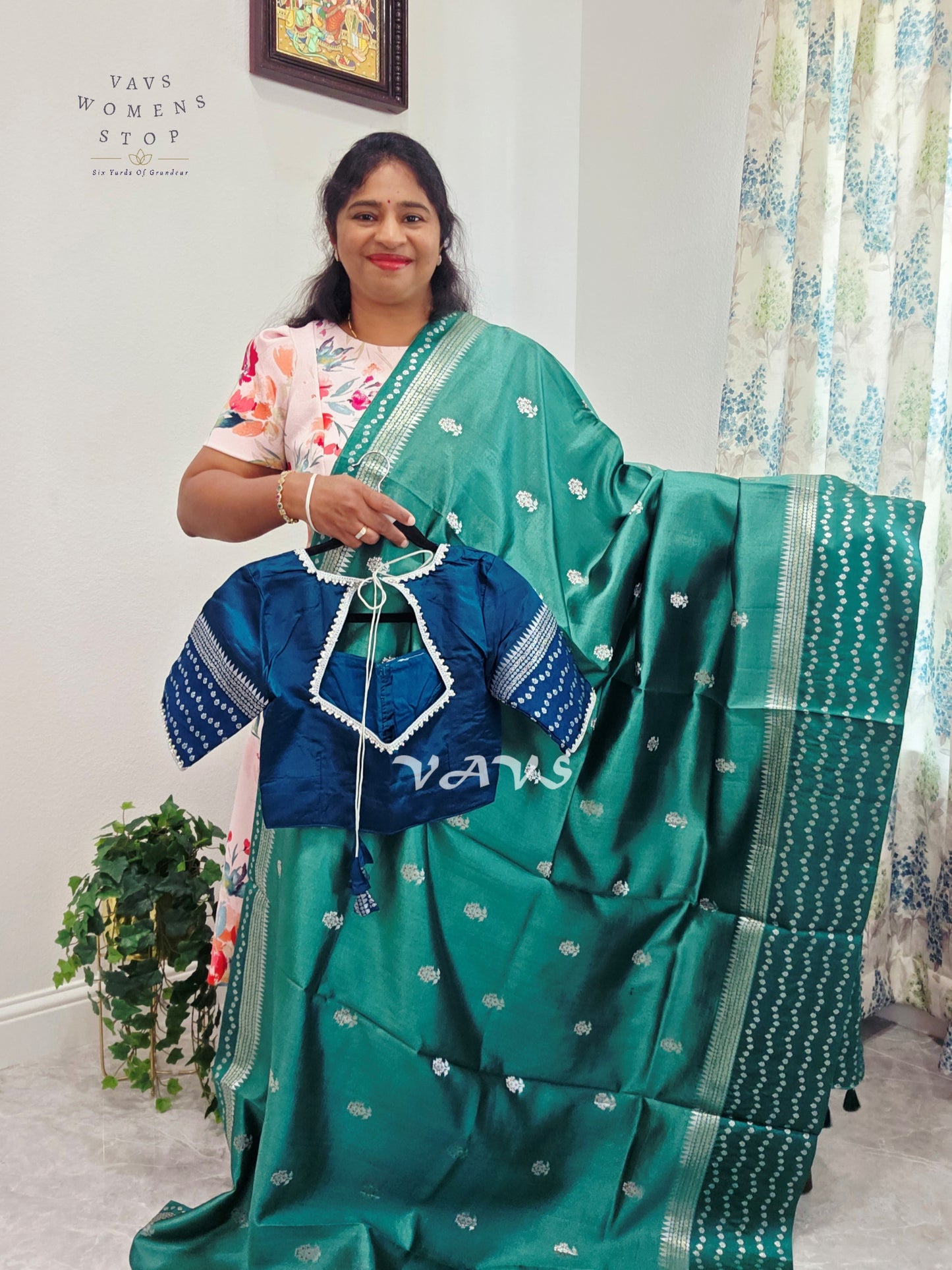 Deep Sea Green Pure Mango Silk Saree with Peacock Blue Blouse
