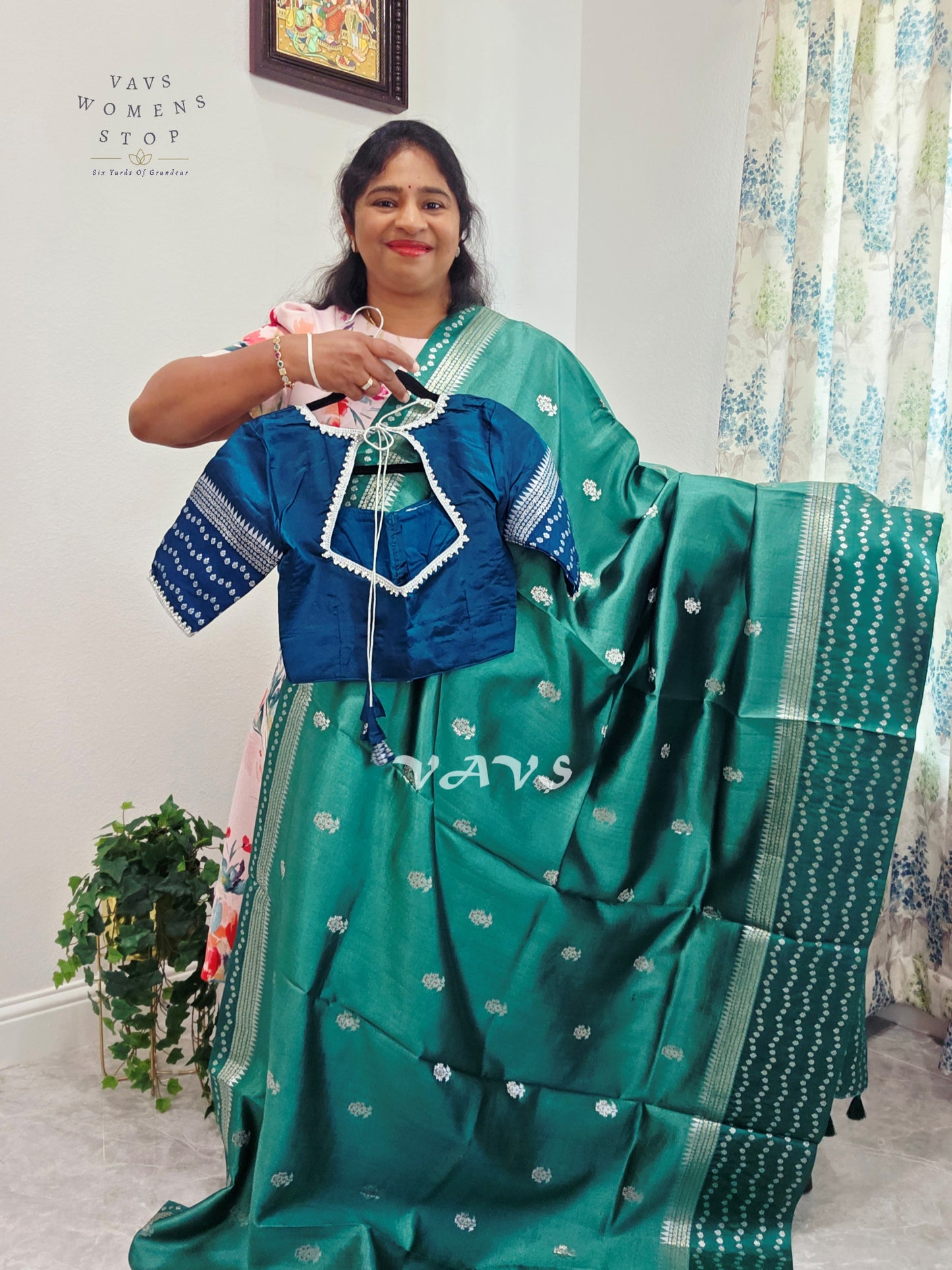 Deep Sea Green Pure Mango Silk Saree with Peacock Blue Blouse