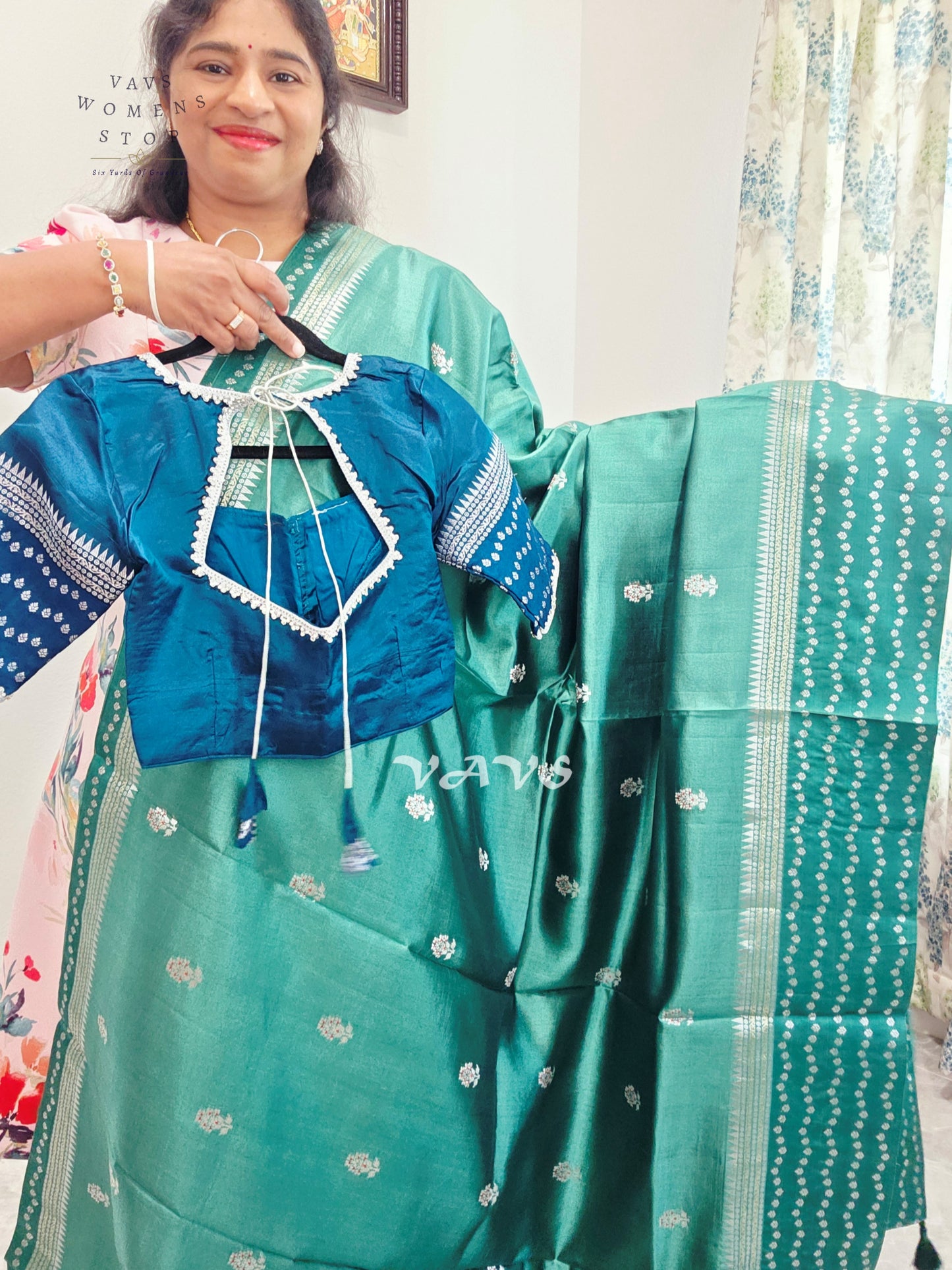 Deep Sea Green Pure Mango Silk Saree with Peacock Blue Blouse