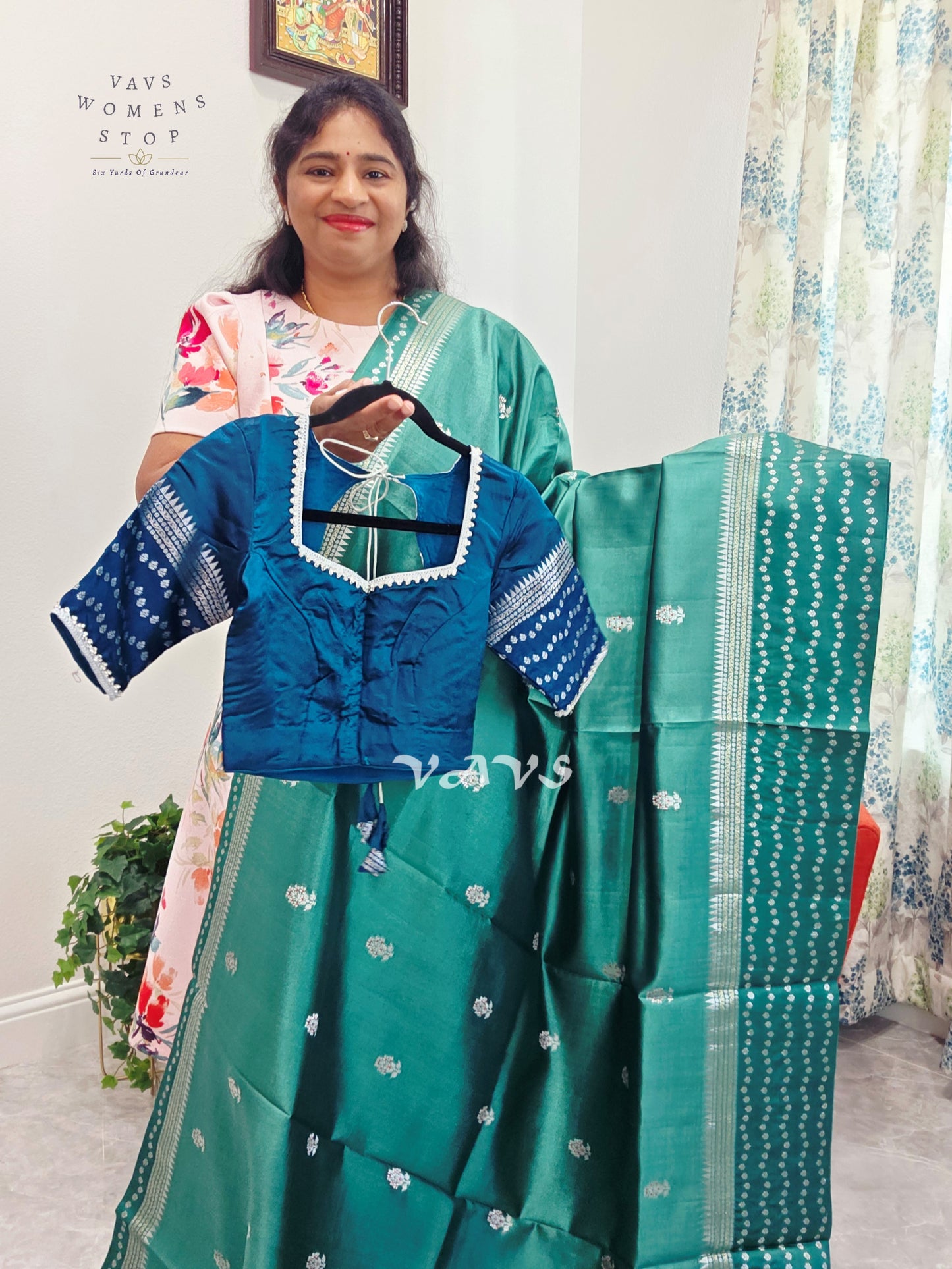 Deep Sea Green Pure Mango Silk Saree with Peacock Blue Blouse