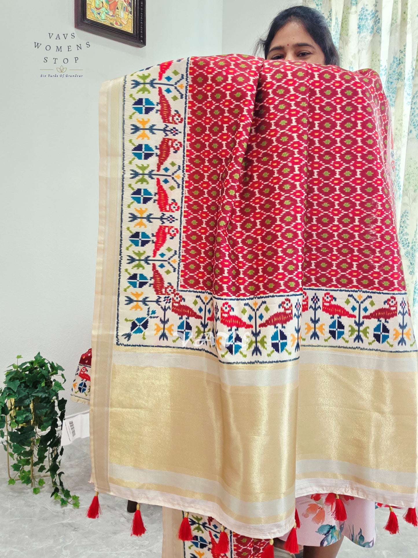 Regal Crimson Red Pochampally Ikkat Print Blended Banarasi Silk Saree with Ivory Gold Pallu & Stitched Blouse Size 38-44