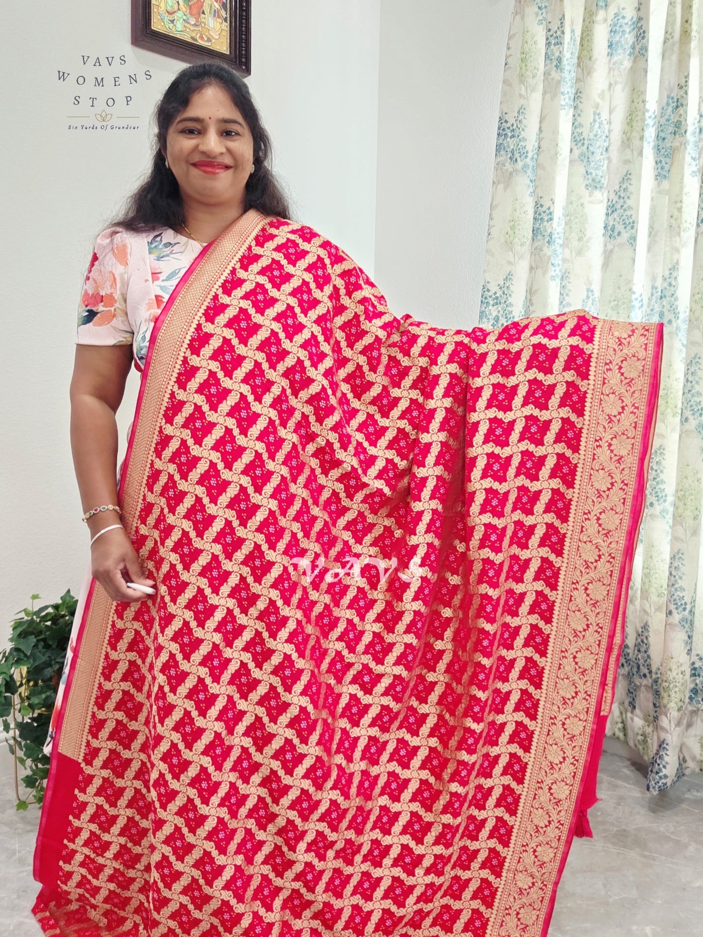 Rani Pink Viscose Georgette Gharchola Bandhani Saree with Antique Gold Zari & Stitched Blouse Size 38-44