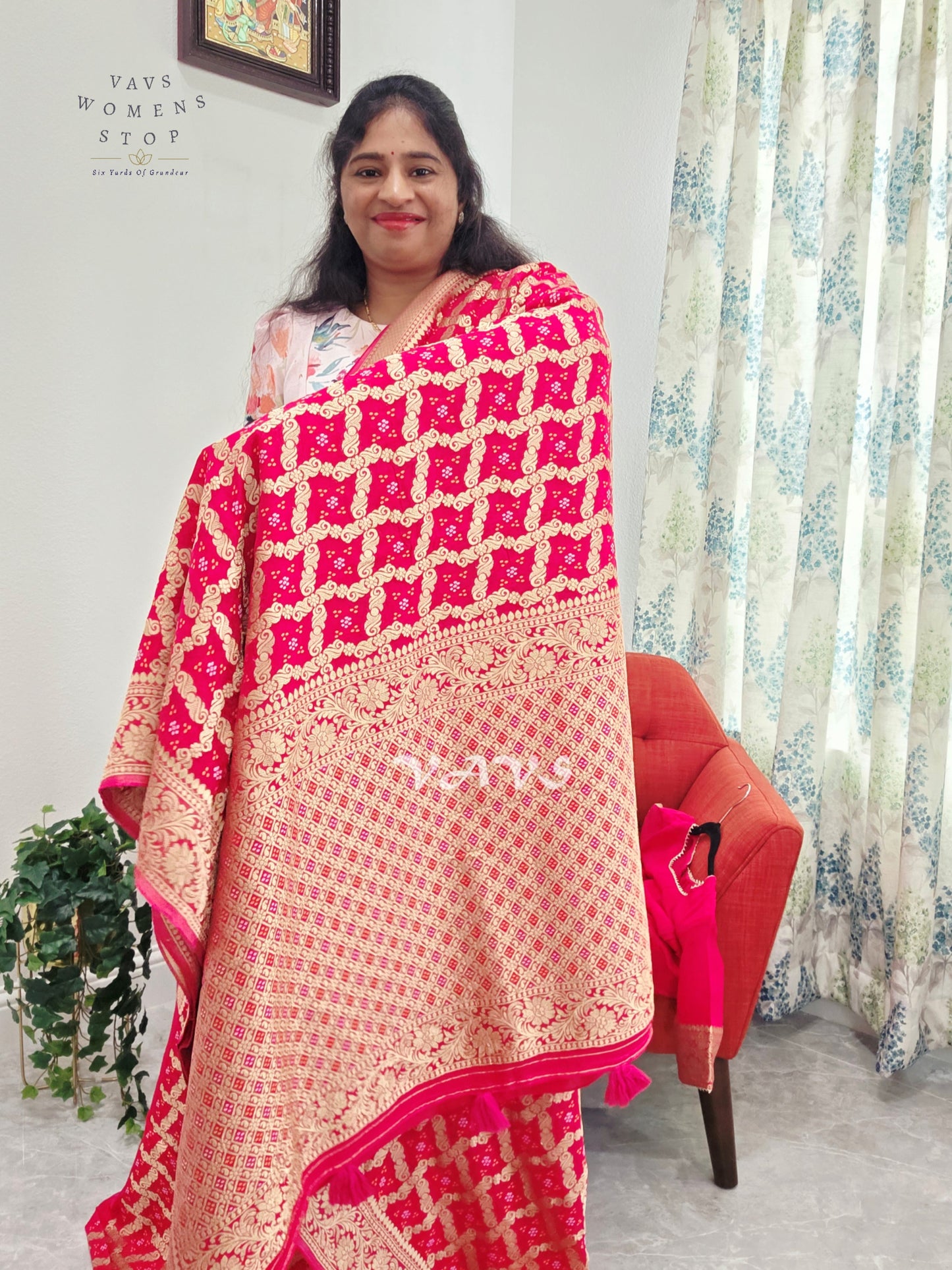 Rani Pink Viscose Georgette Gharchola Bandhani Saree with Antique Gold Zari & Stitched Blouse Size 38-44
