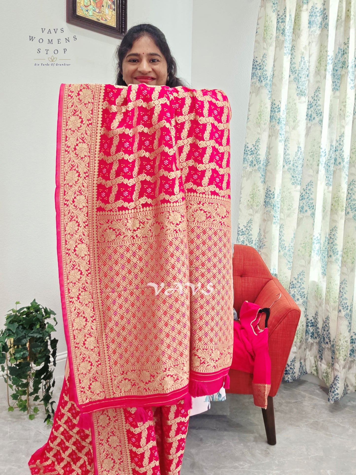 Rani Pink Viscose Georgette Gharchola Bandhani Saree with Antique Gold Zari & Stitched Blouse Size 38-44