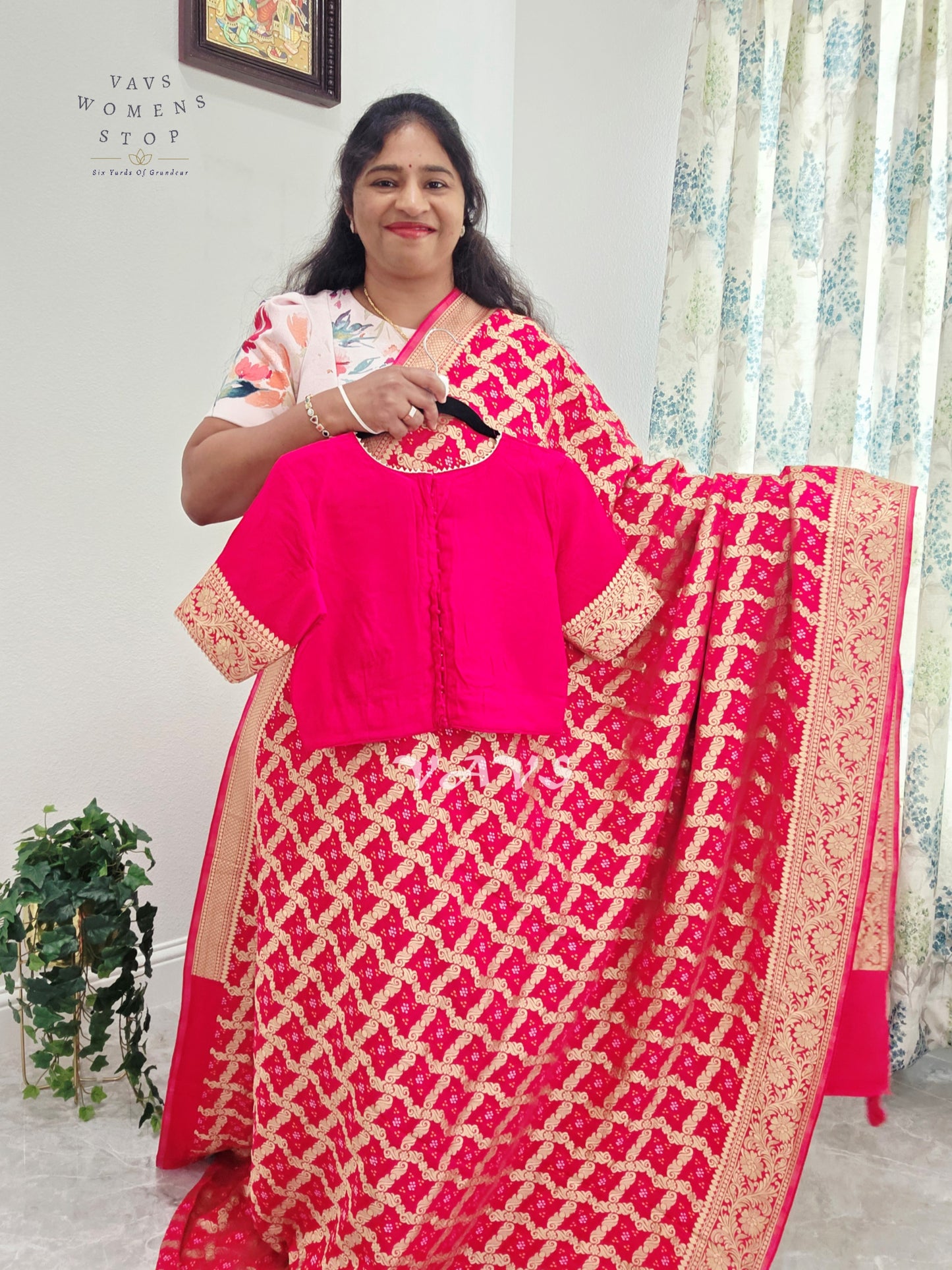 Rani Pink Viscose Georgette Gharchola Bandhani Saree with Antique Gold Zari & Stitched Blouse Size 38-44