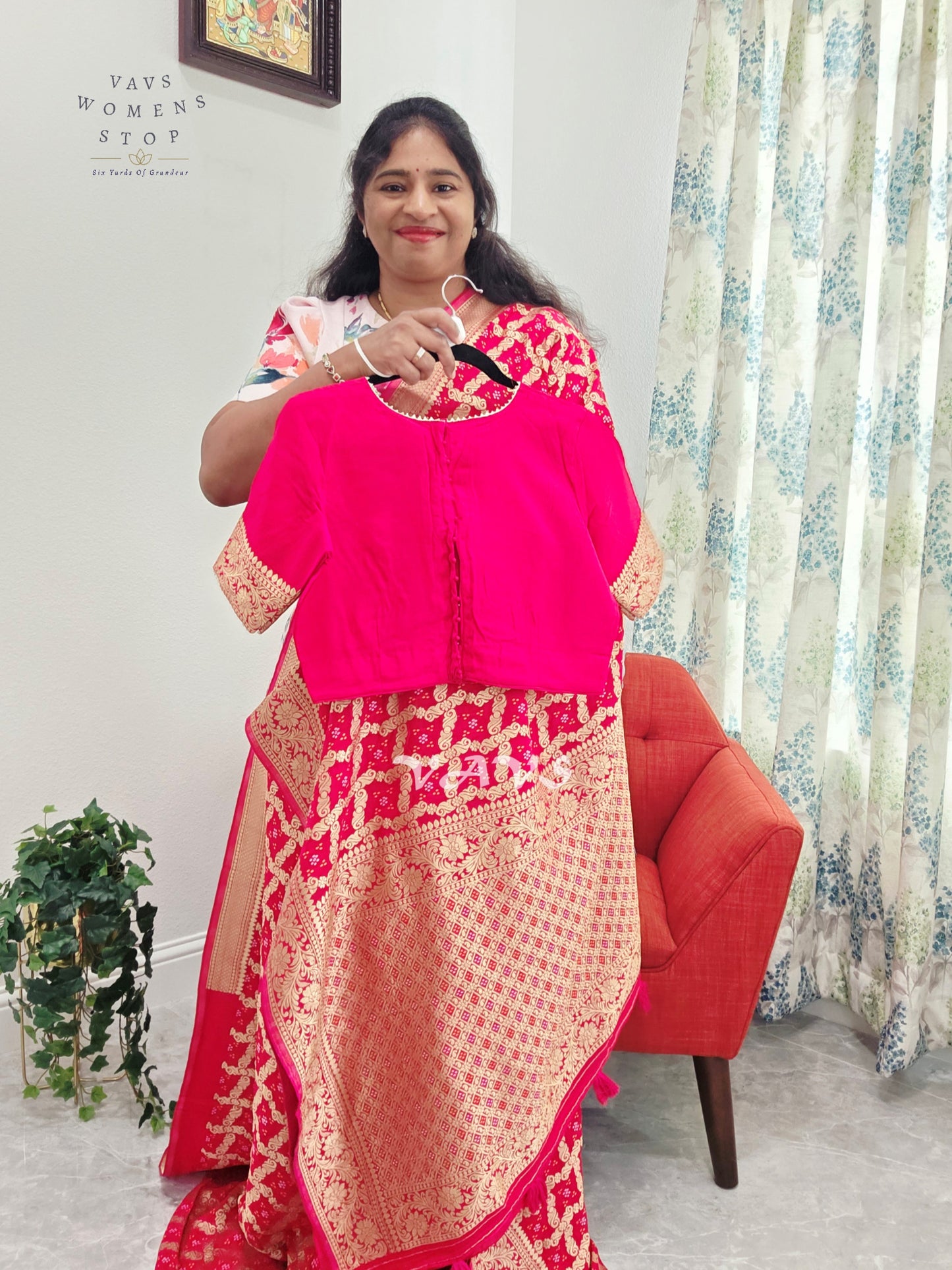 Rani Pink Viscose Georgette Gharchola Bandhani Saree with Antique Gold Zari & Stitched Blouse Size 38-44