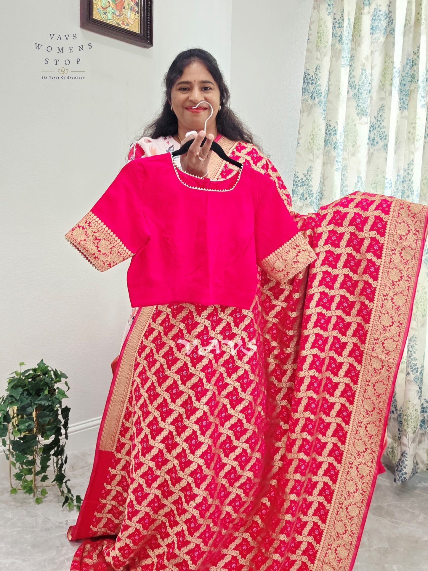 Rani Pink Viscose Georgette Gharchola Bandhani Saree with Antique Gold Zari & Stitched Blouse Size 38-44