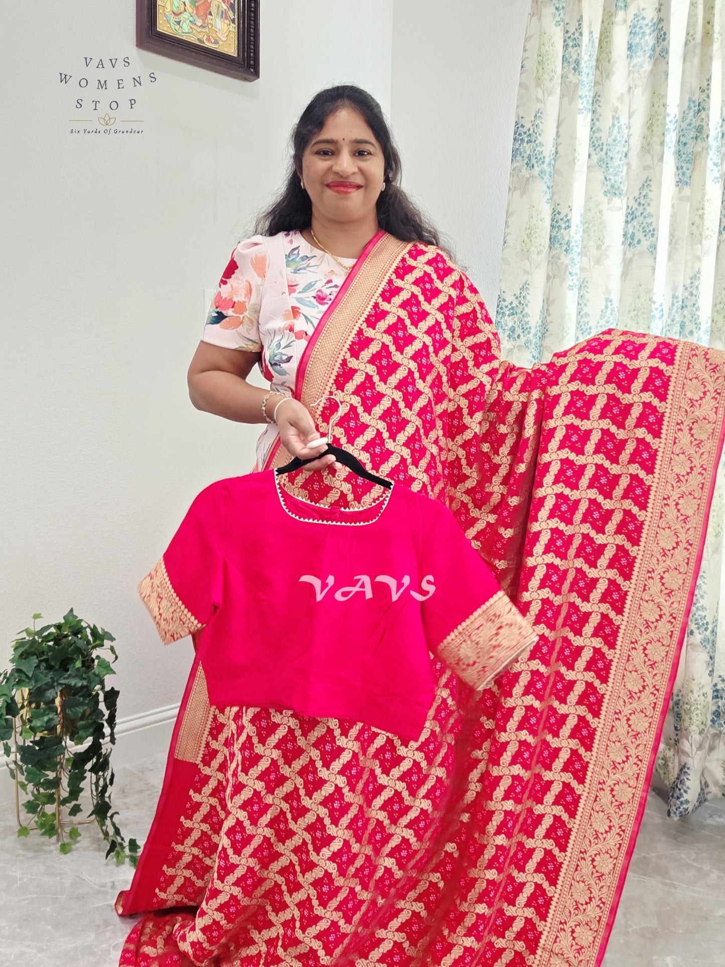 Rani Pink Viscose Georgette Gharchola Bandhani Saree with Antique Gold Zari & Stitched Blouse Size 38-44