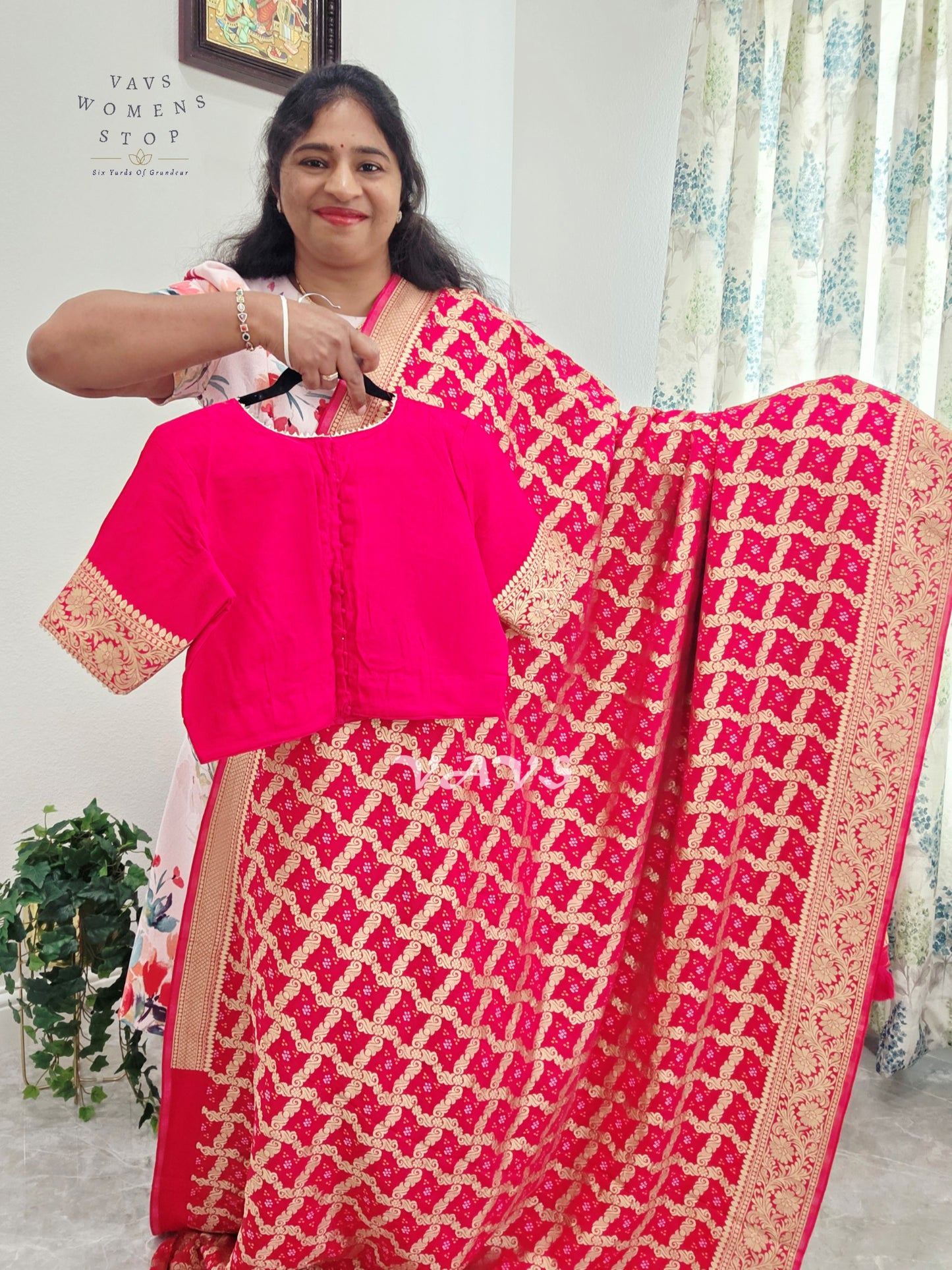 Rani Pink Viscose Georgette Gharchola Bandhani Saree with Antique Gold Zari & Stitched Blouse Size 38-44