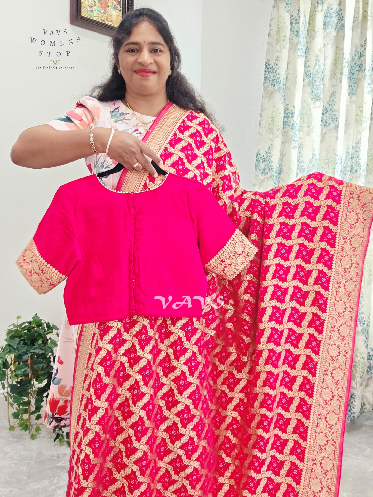Rani Pink Viscose Georgette Gharchola Bandhani Saree with Antique Gold Zari & Stitched Blouse Size 38-44