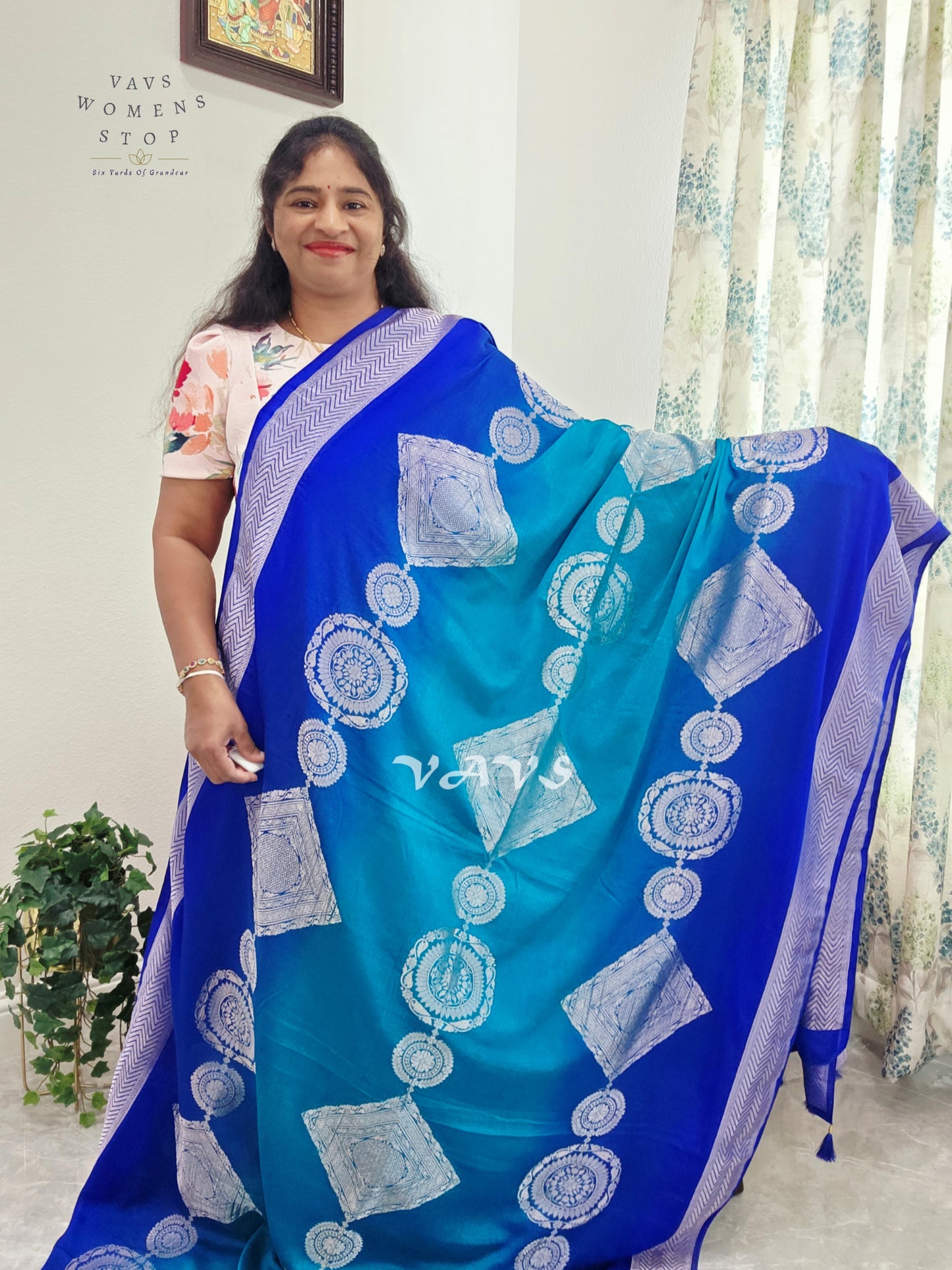 Royal Sapphire & Peacock Turquoise Shaded Chiffon Saree with Silver Motifs & Stitched Blouse Size 38-44
