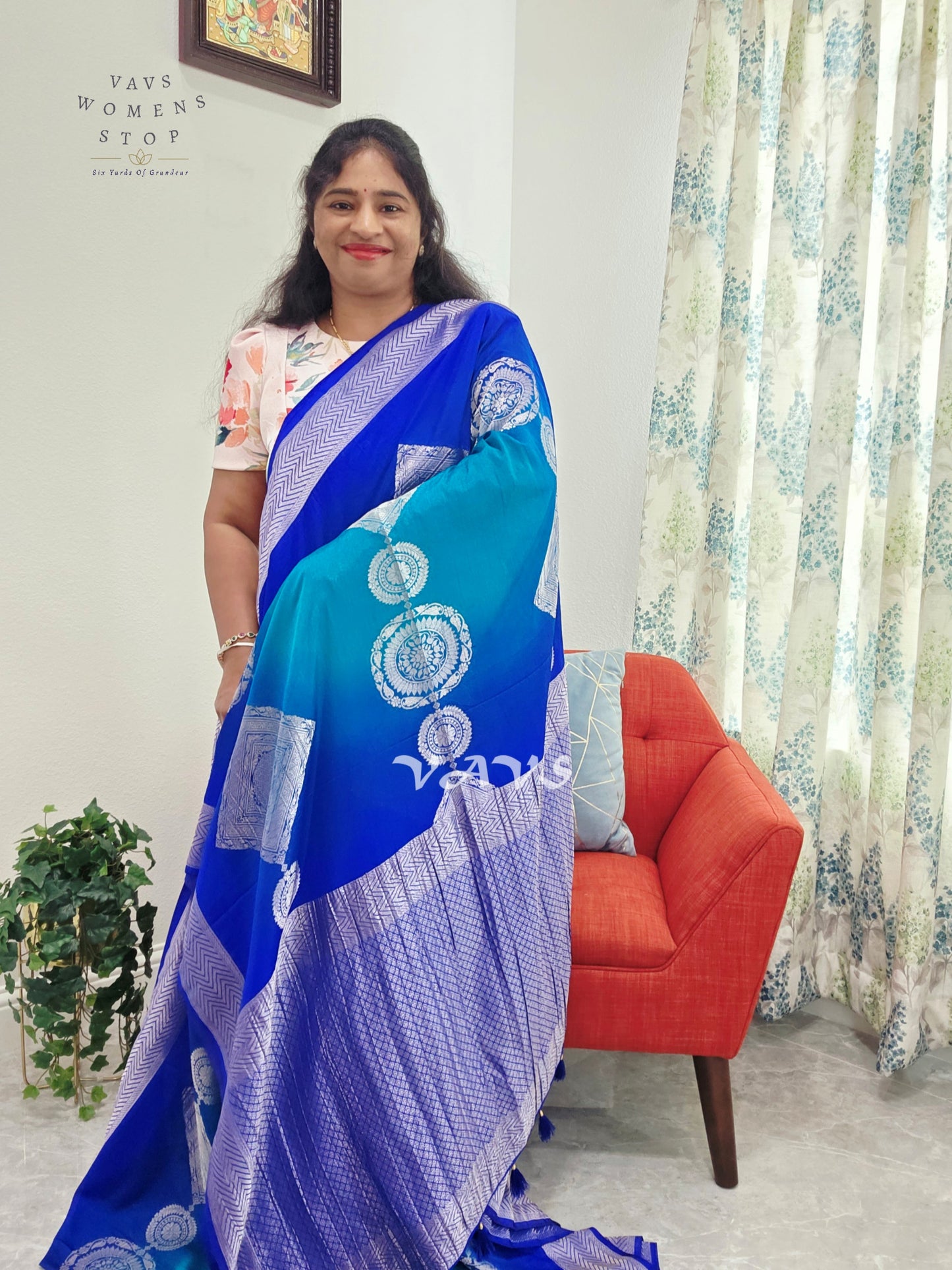 Royal Sapphire & Peacock Turquoise Shaded Chiffon Saree with Silver Motifs & Stitched Blouse Size 38-44